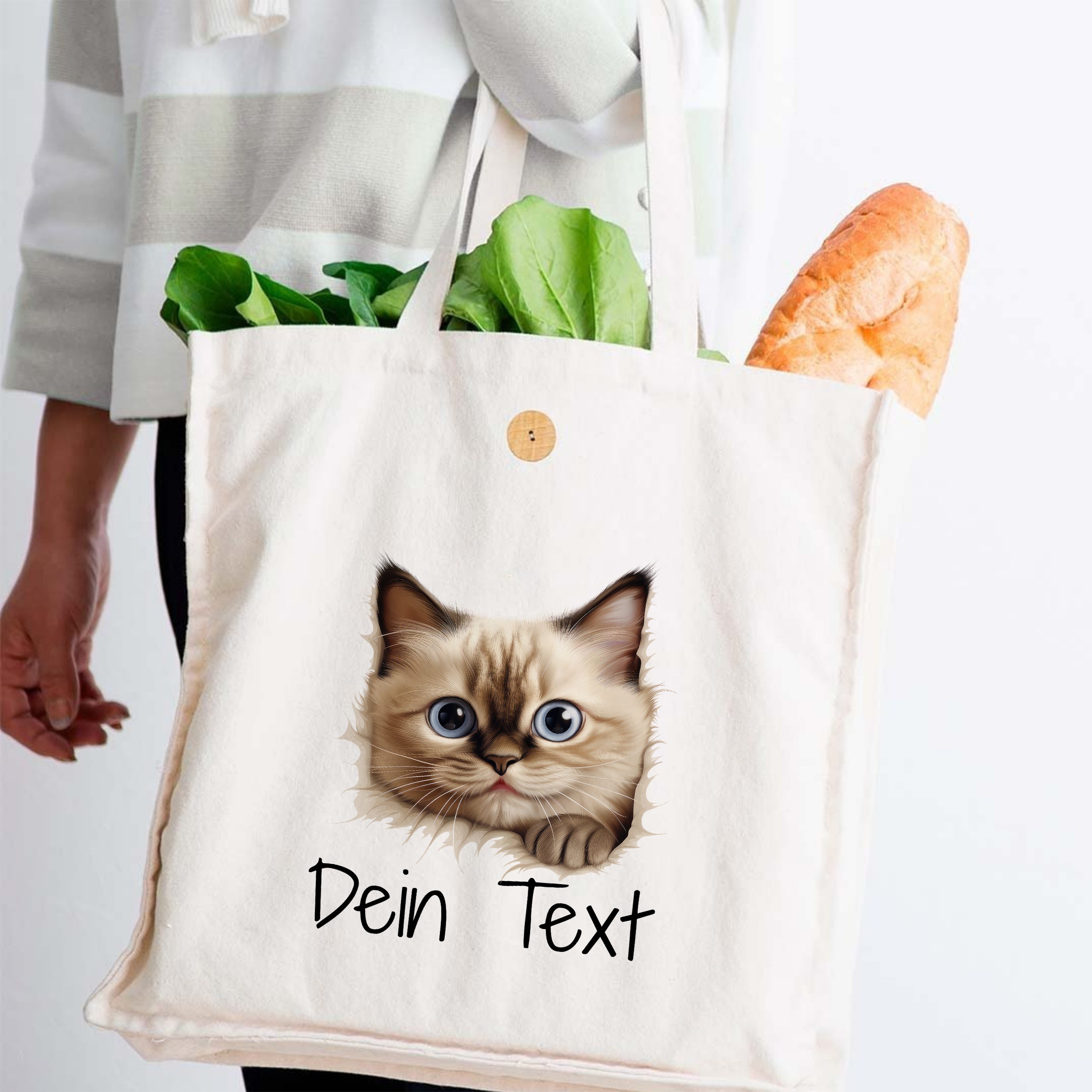 Beige Baumwolltasche mit Katzenmotiv und personalisiertem Text.