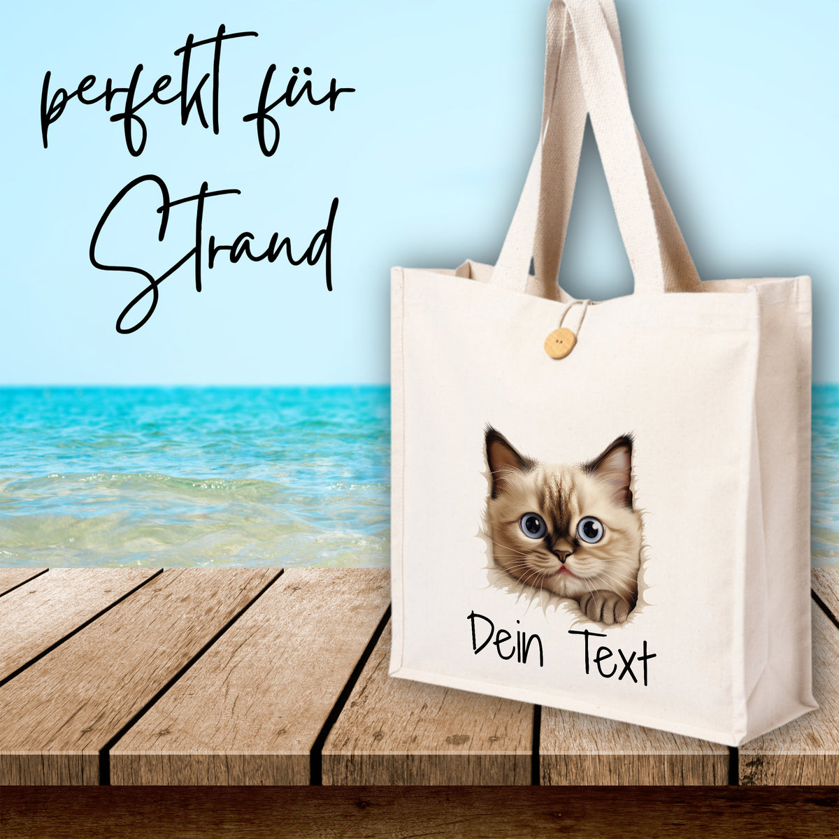 Beige Strandtasche mit Katzenmotiv und personalisierbarem Text.
