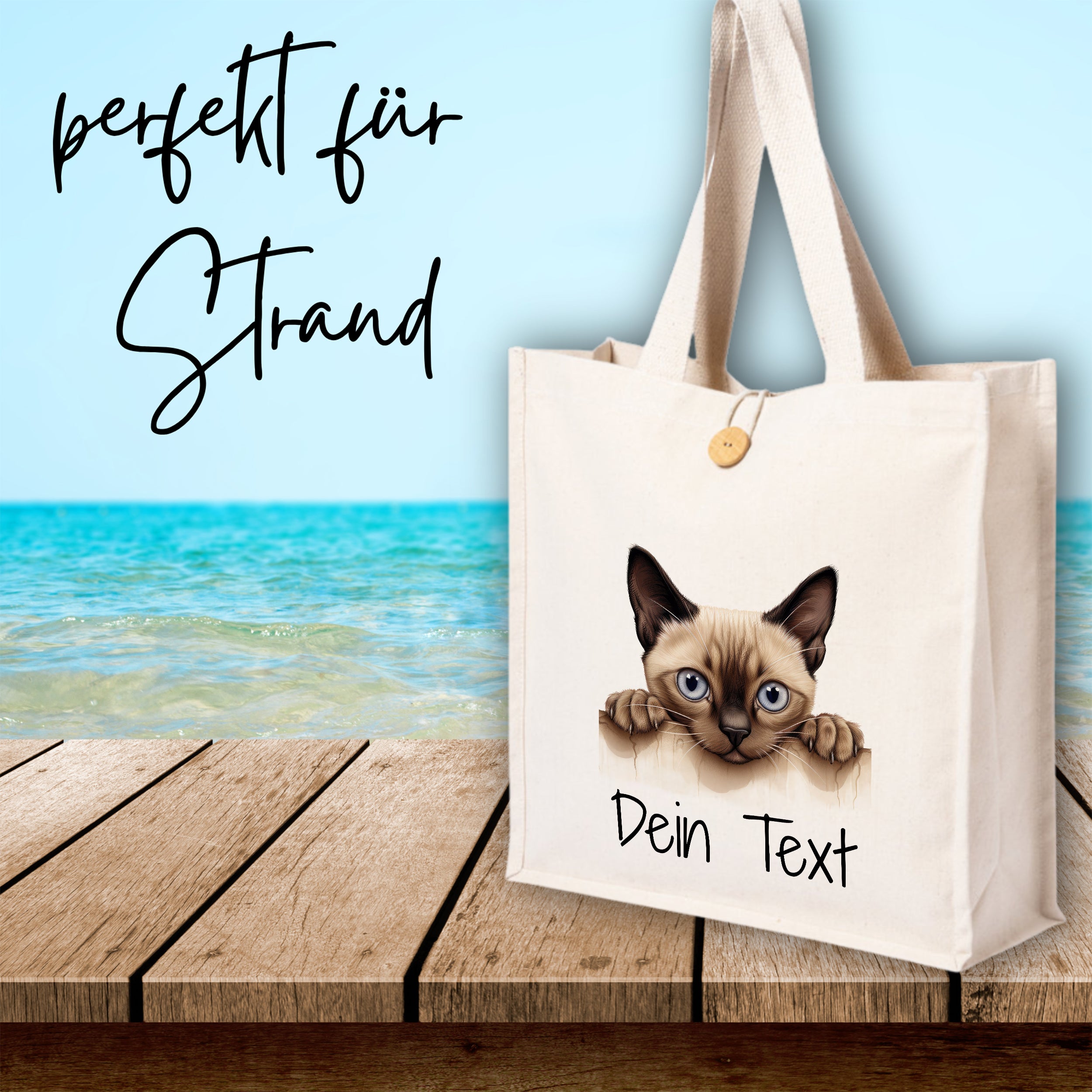 Beige Strandtasche mit Siamkatze und individuellem Text.