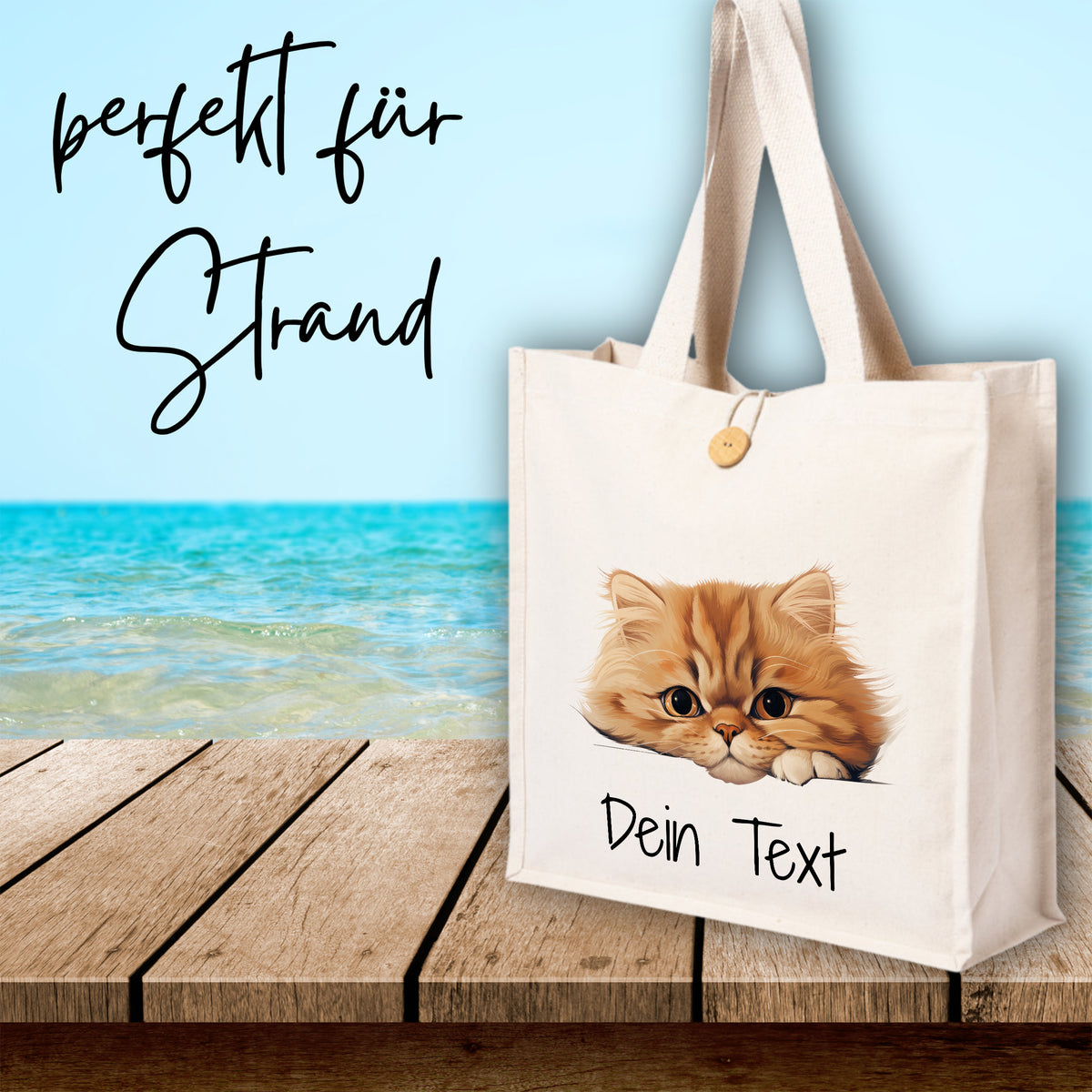 Beige Strandtasche mit Katzenmotiv und personalisierbarem Text.