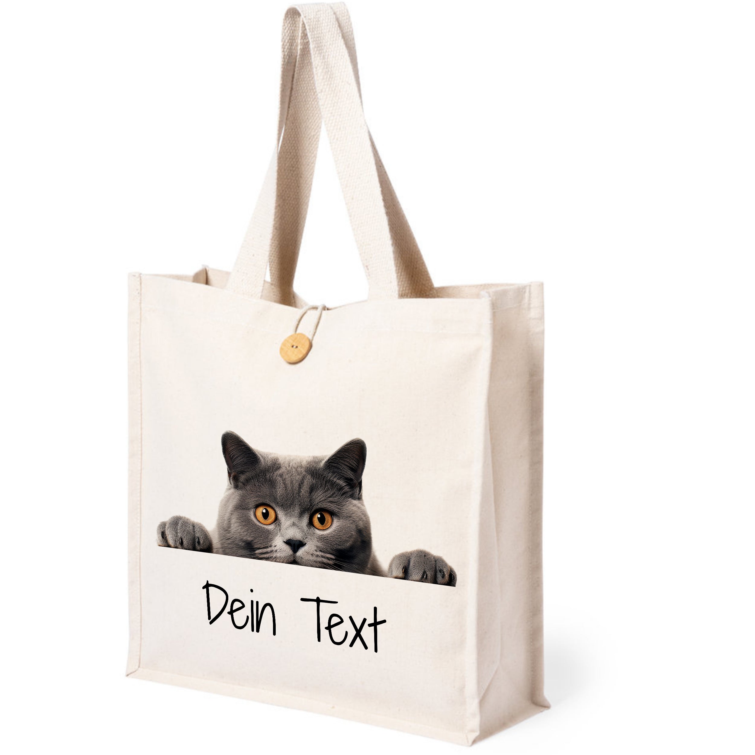 Helle Stofftasche mit grauer Katze und personalisierbarem Text.