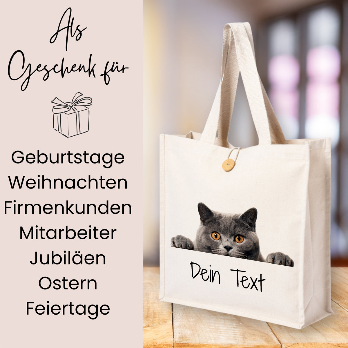 Beige Tragetasche mit grauer Katze und personalisierbarem Text.