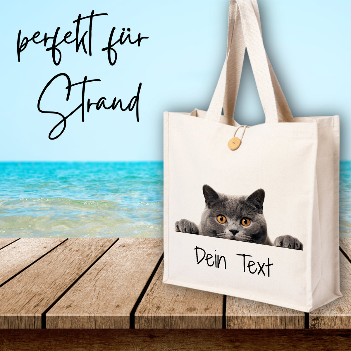 Beige Strandtasche mit grauem Katzenmotiv und personalisierbarem Text.