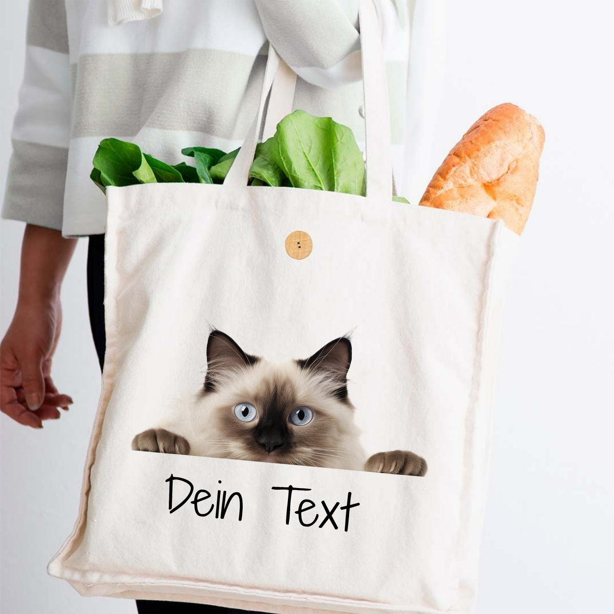 Beige Stofftasche mit Katzenmotiv und personalisierbarem Text.