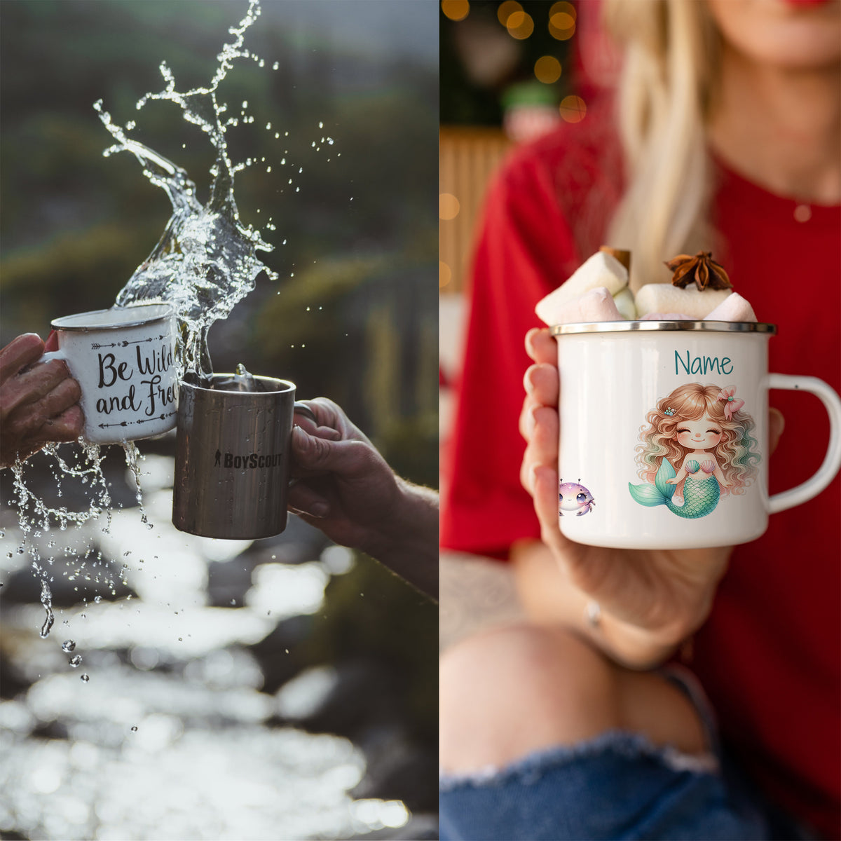 Tassen in Silber und Weiß mit Sprüchen und Meerjungfrau-Design.