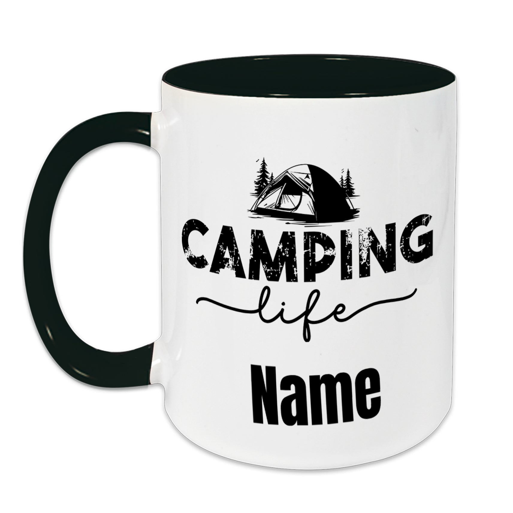 Tasse in Weiß und Grün mit Camping-Motiv und personalisierbarem Namen.