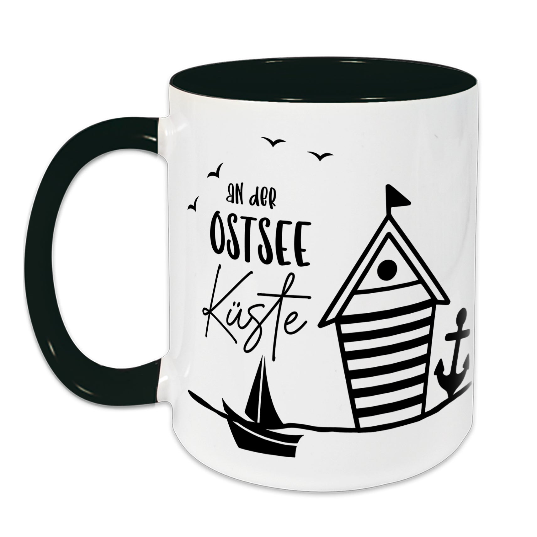 Tasse in Weiß mit grünem Henkel, Ostsee-Motiv.