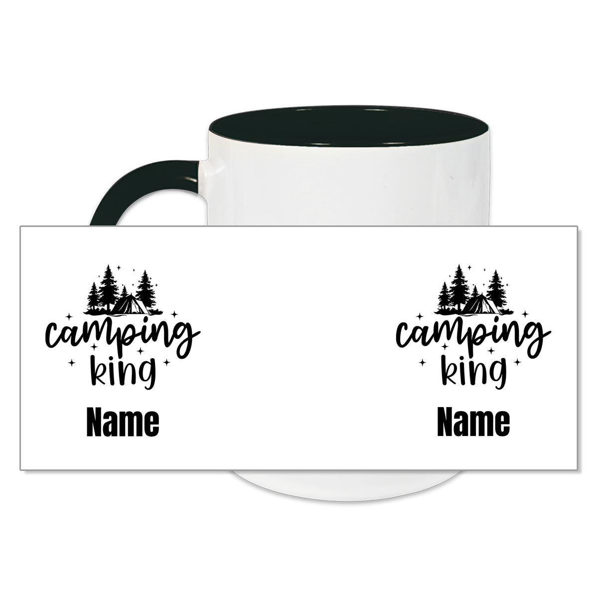 Tasse mit grünem Henkel, Aufdruck "Camping King" und Platz für Namen.