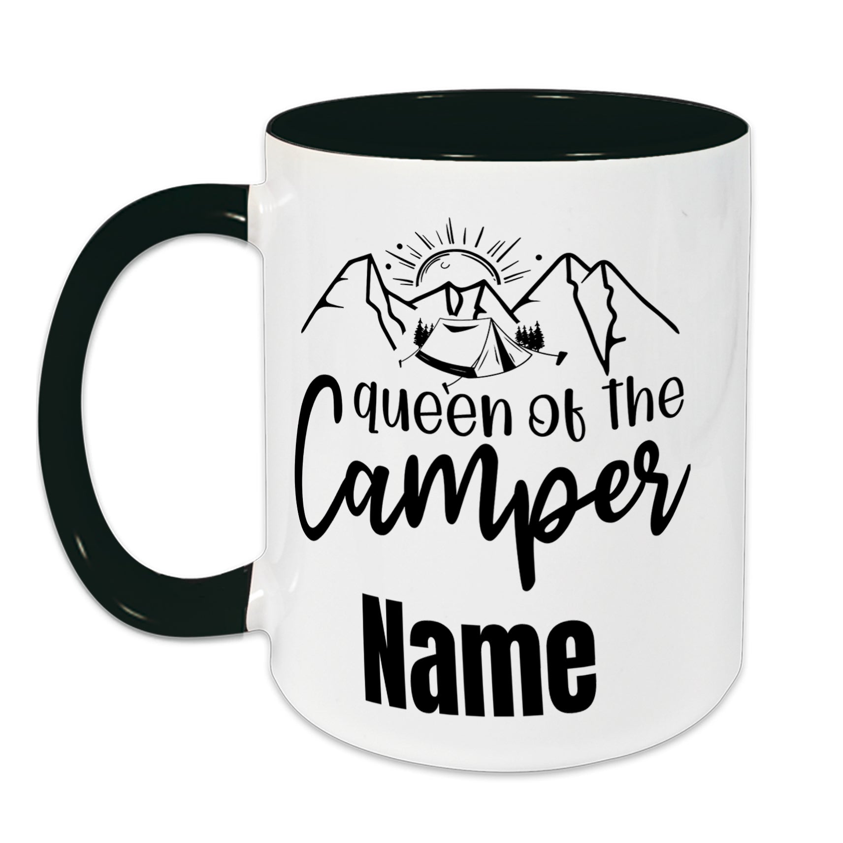 Tasse mit schwarzem Henkel, "Queen of the Camper", personalisierbar.