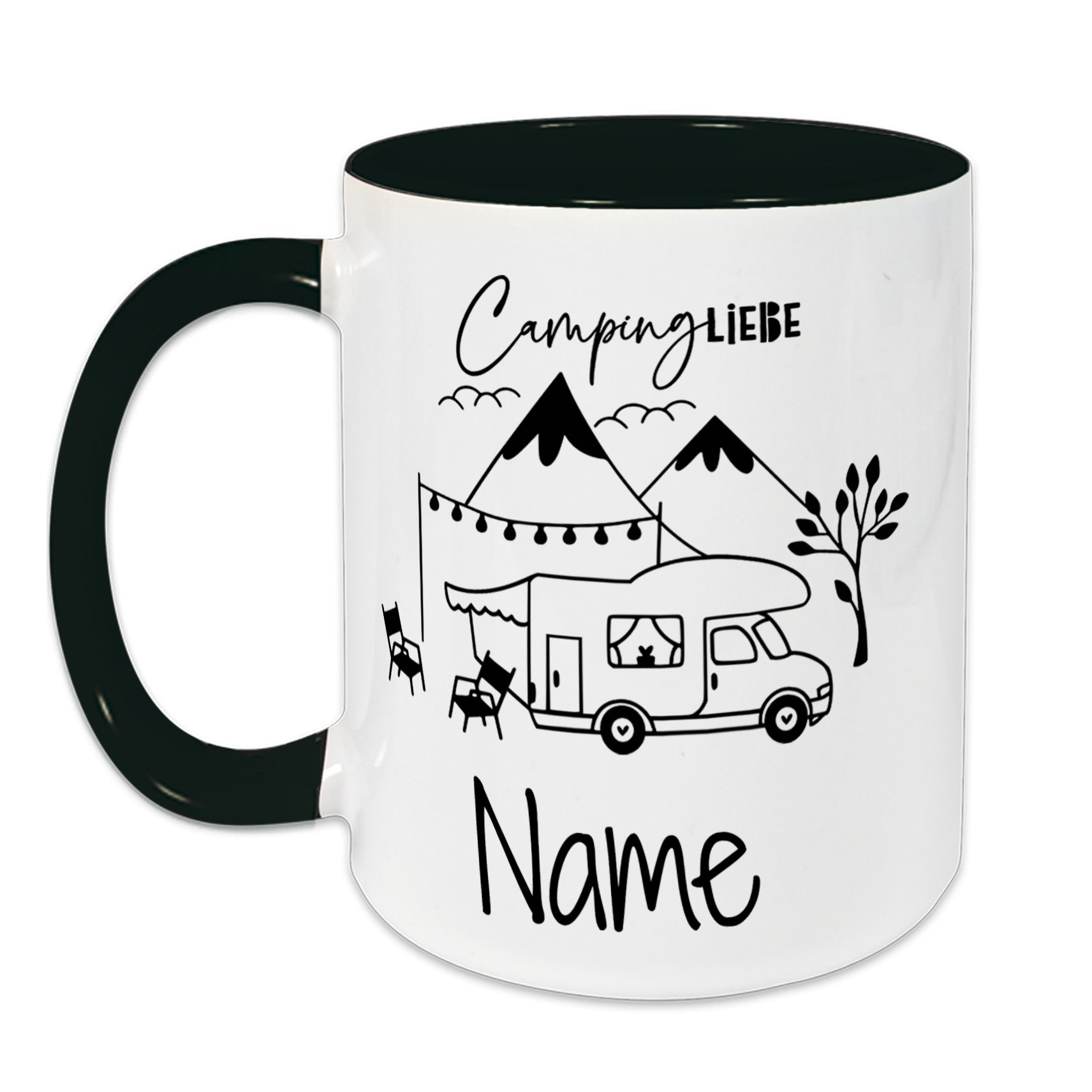 Tasse mit Camping-Motiv, grün und weiß, personalisierbar.