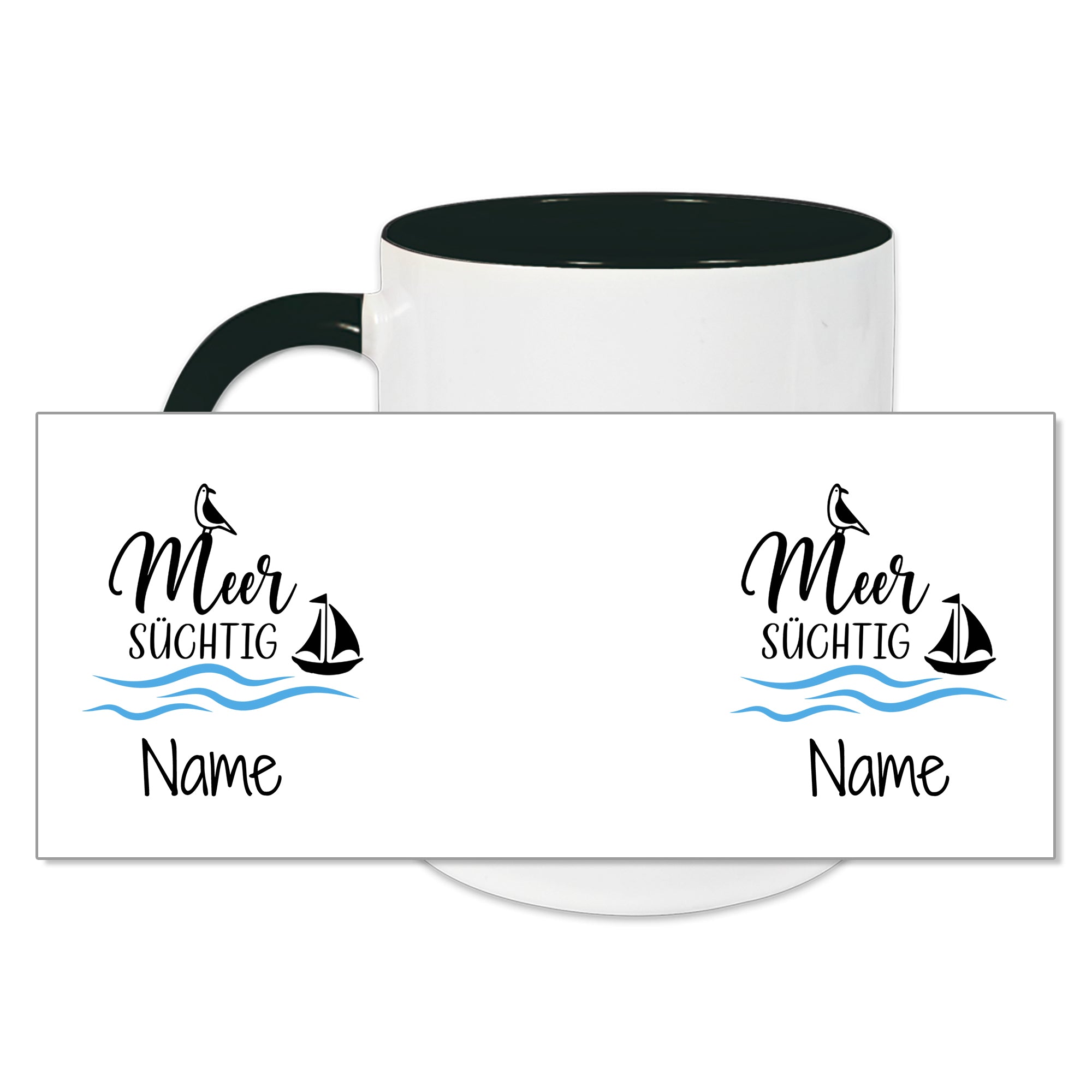 Tasse mit schwarzem Henkel, maritimer Aufschrift und Segelboot-Motiv.