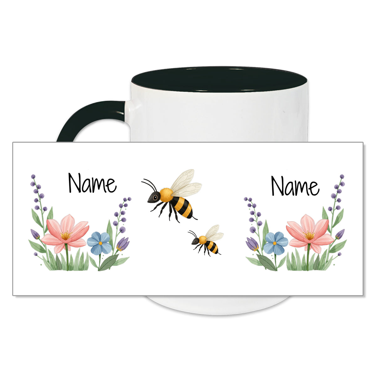 Personalisierbare Tasse mit Bienen und bunten Blumen.