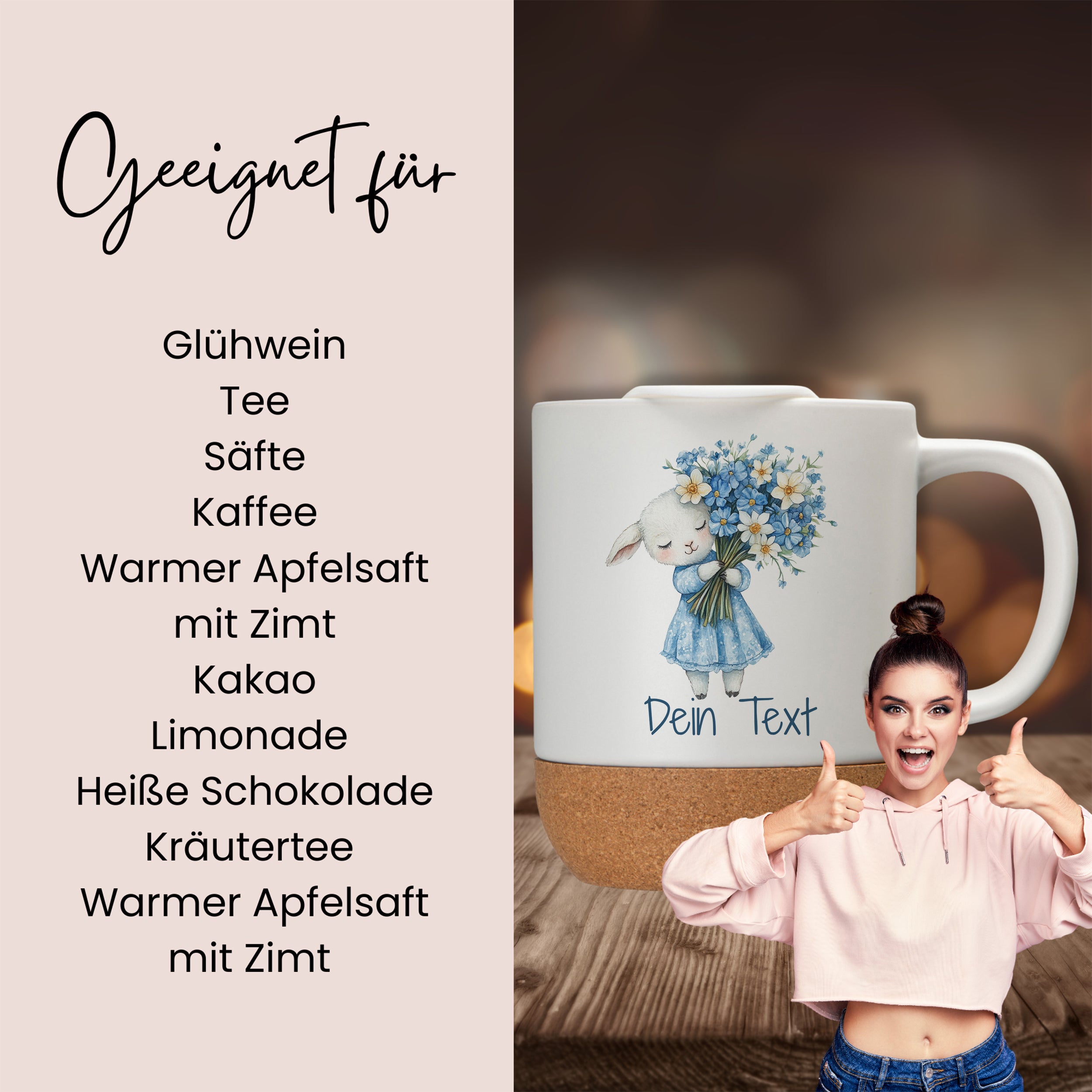 Kaffeetasse mit niedlichem Hasenmotiv und Korkboden.
