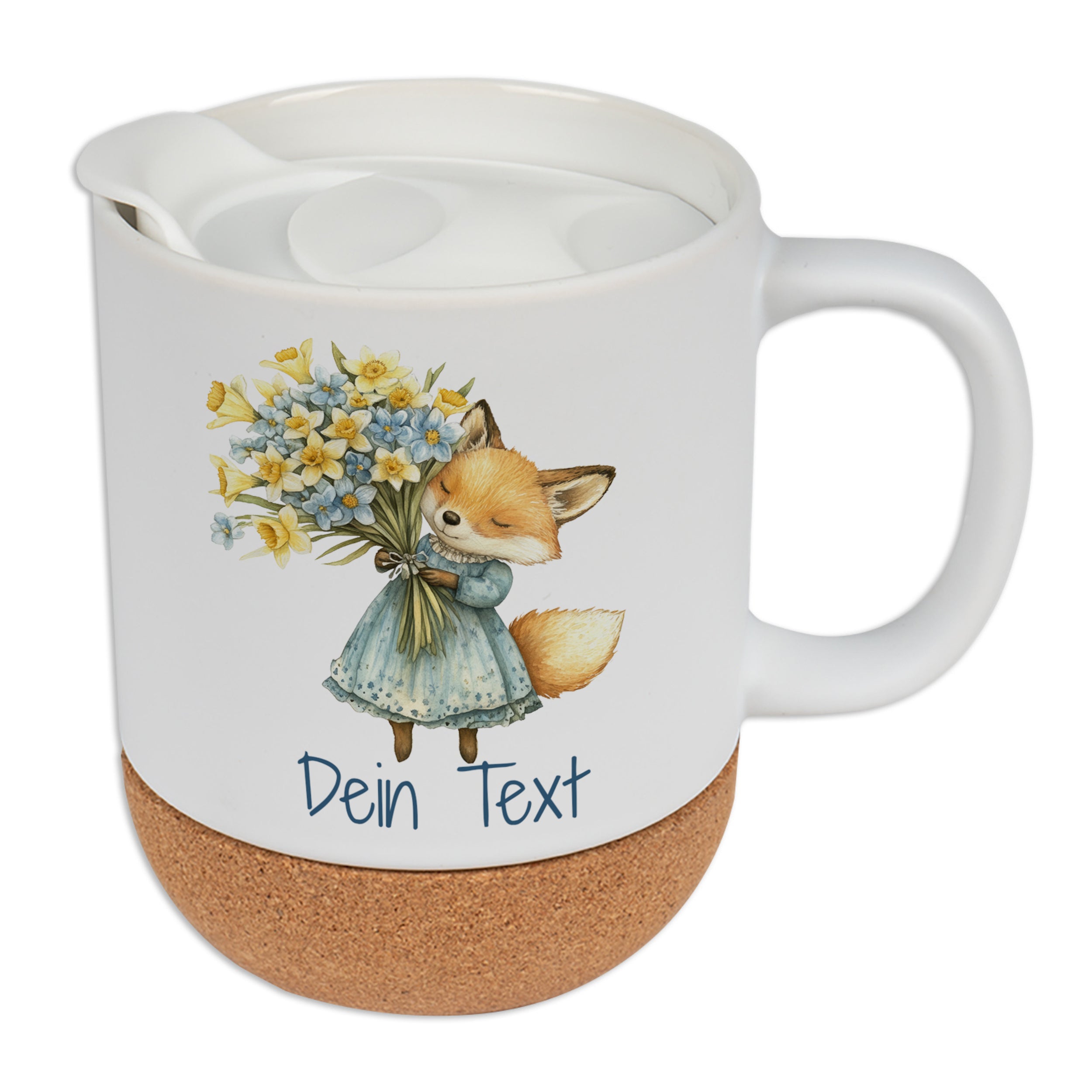 Tasse mit Fuchs-Design, blau, Korkboden, personalisierbar.