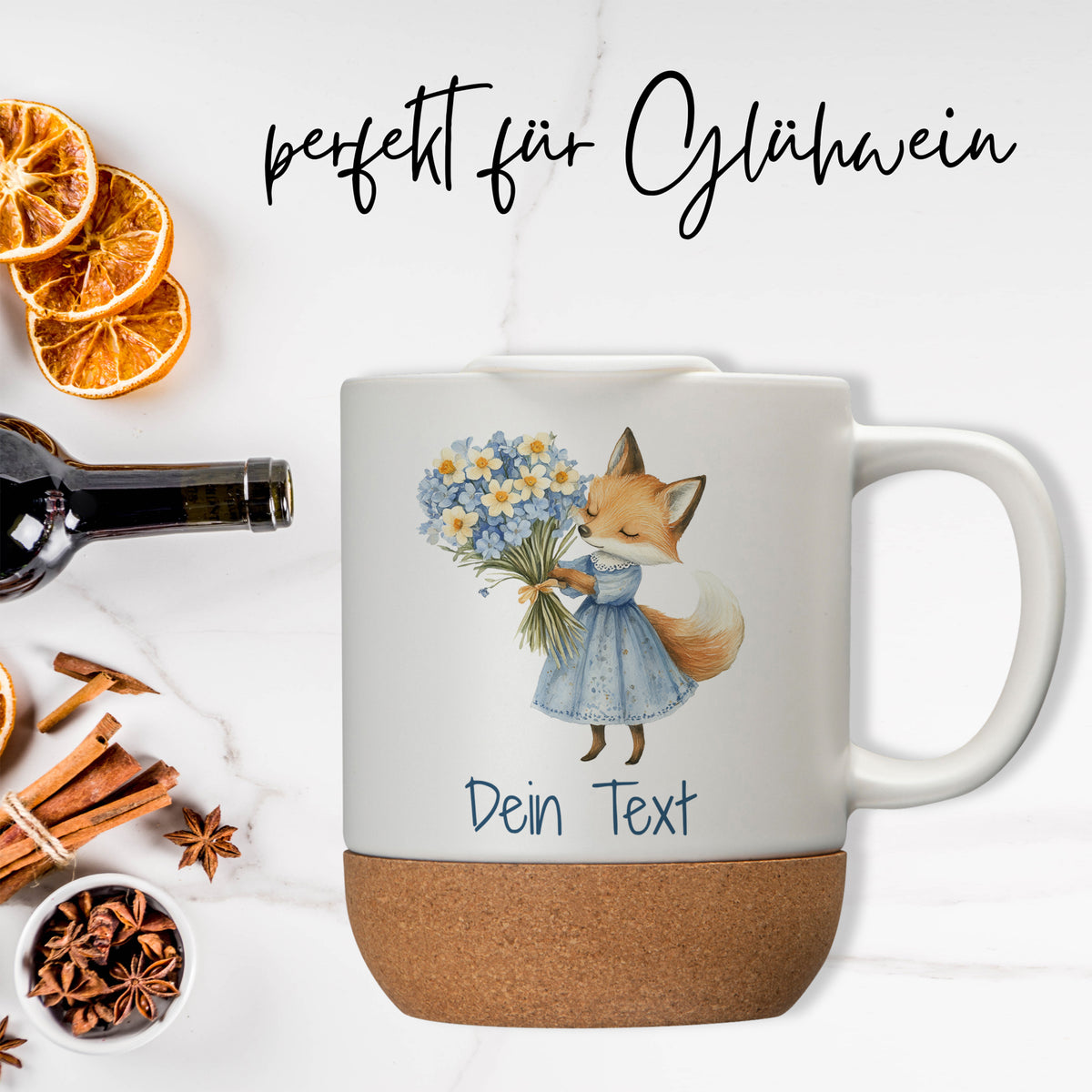 Tasse mit Fuchs-Illustration, blau, Korkboden, personalisierbar.
