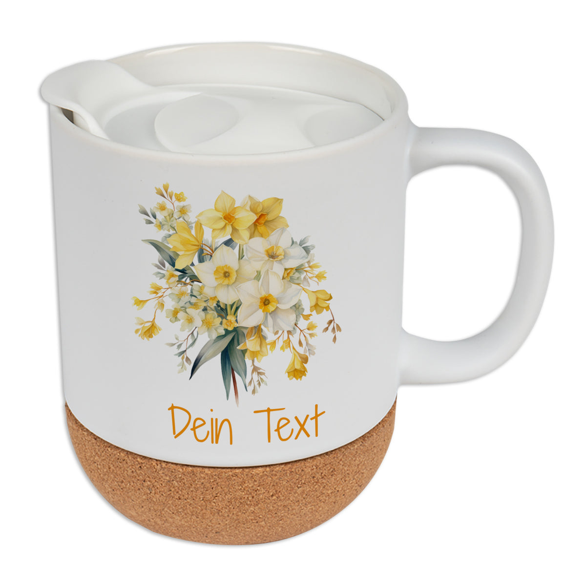 Weißer Becher mit gelben Blumen und Korkboden.