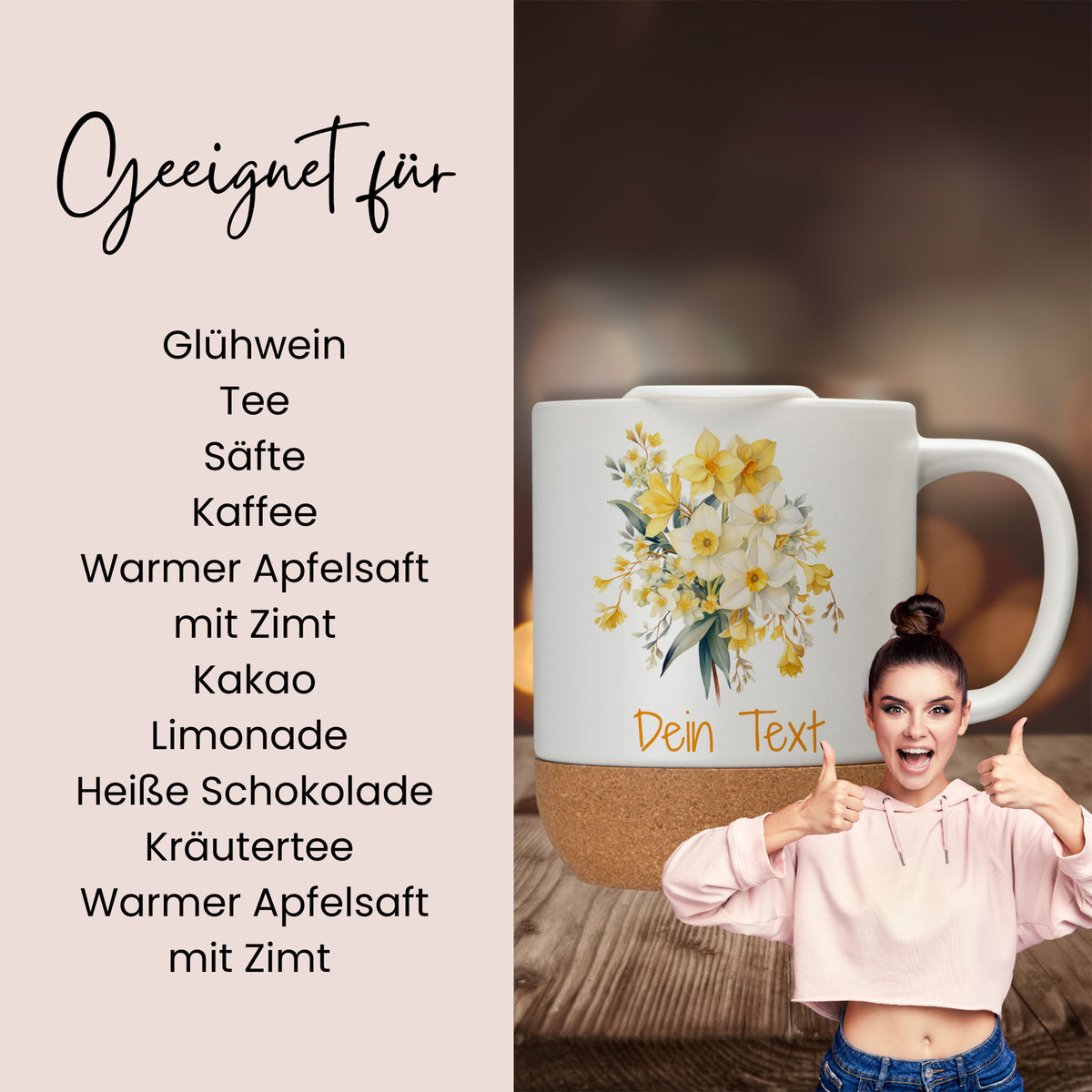 Kaffeetasse mit Blumenmotiv und Korkboden, personalisierbar.