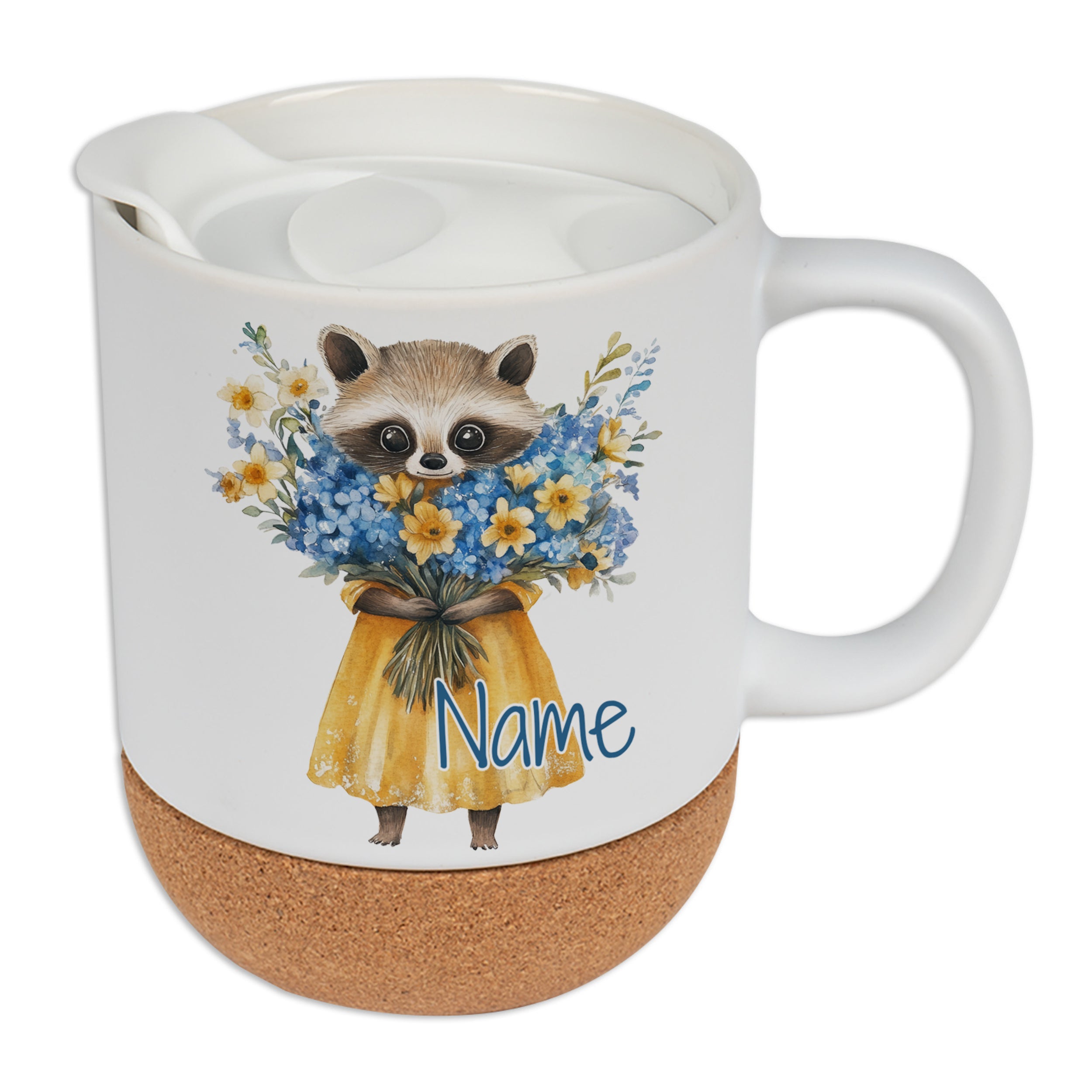 Kaffeebecher mit Waschbär-Motiv und gelber Kleidungsfarbe.
