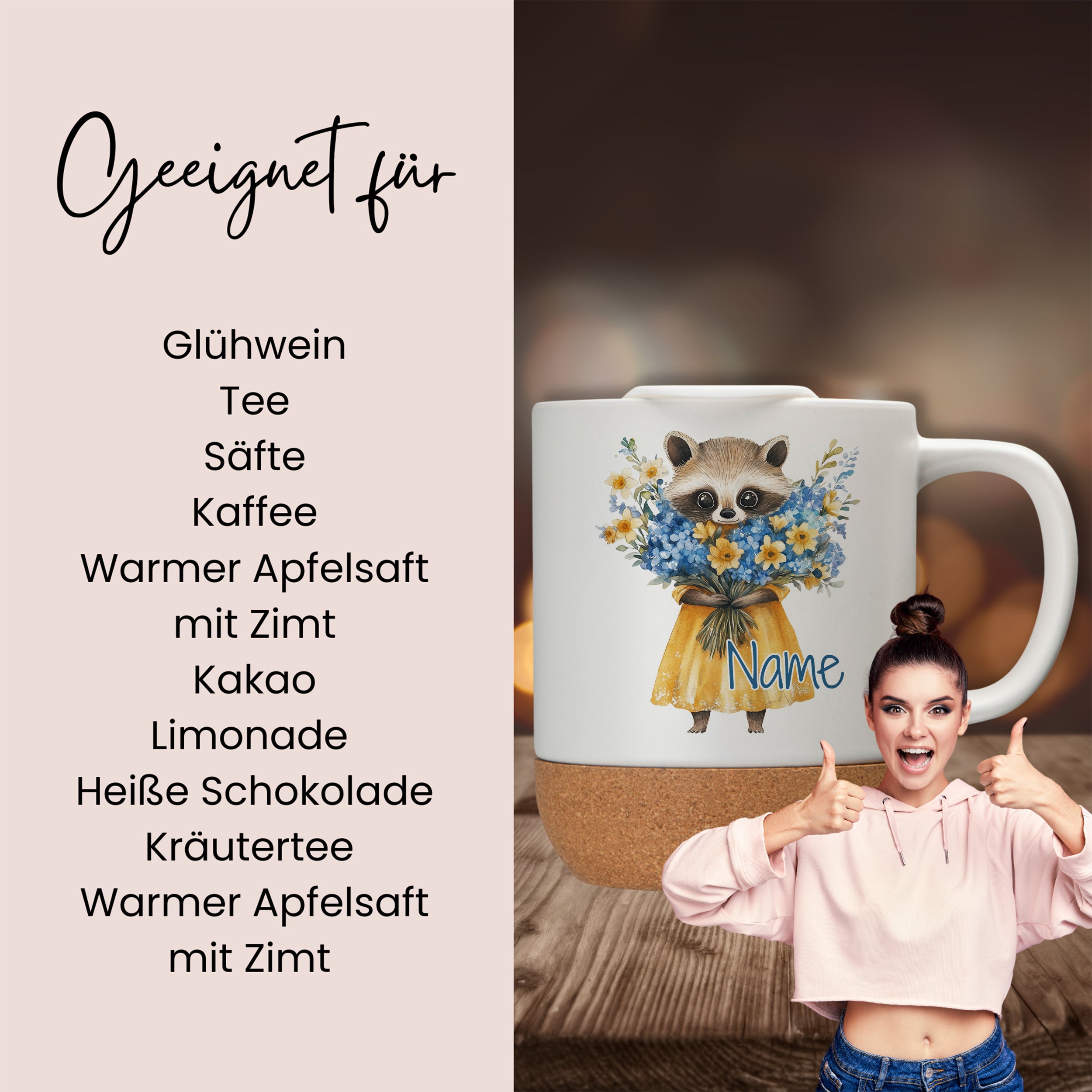 Tasse mit Waschbär-Motiv und bunten Blumen.