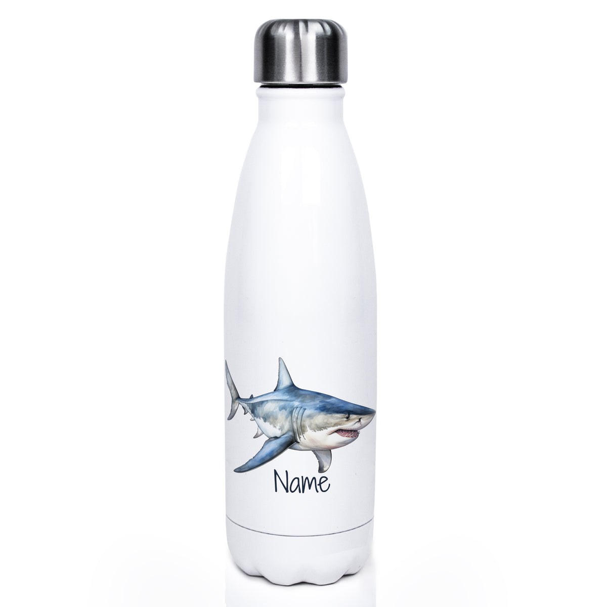 Weiße Edelstahl-Trinkflasche mit Haifisch-Motiv und Platz für Namen.