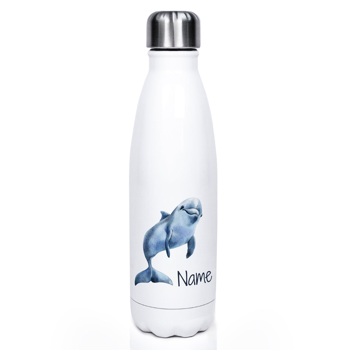 Weiße Edelstahl-Trinkflasche mit Delfin-Motiv und Name.