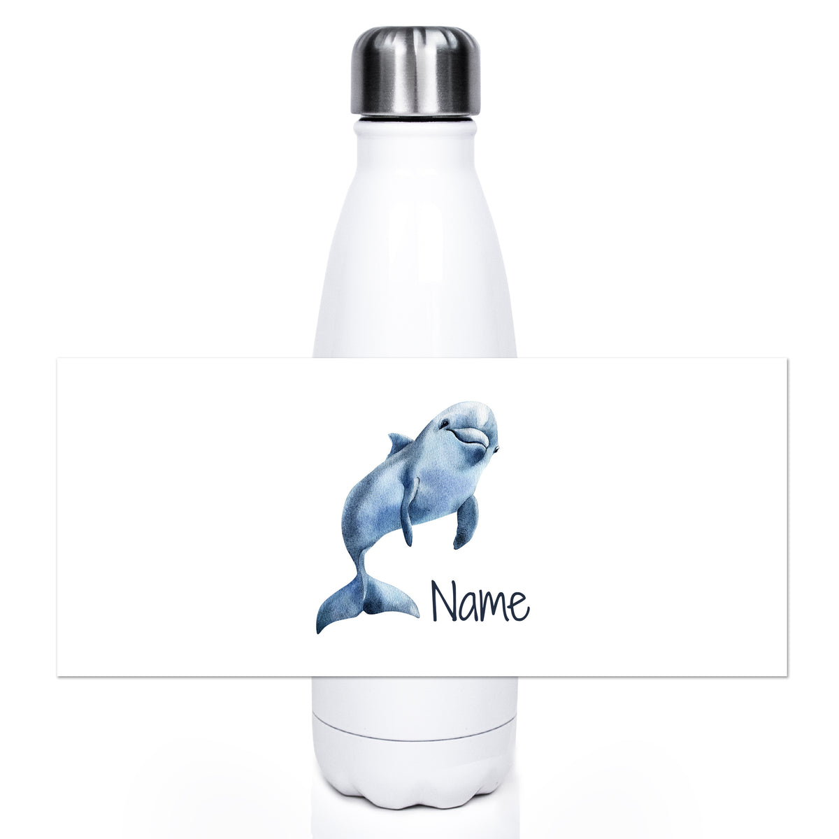 Weiße Edelstahl-Trinkflasche mit Delphin-Motiv und Name.