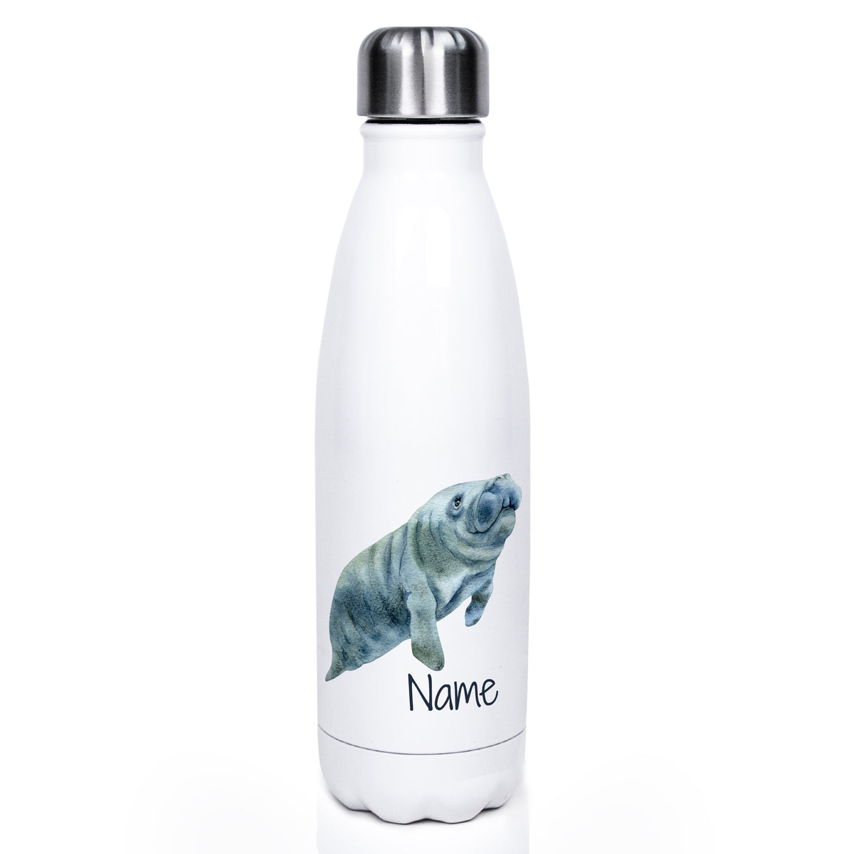 Weiße Edelstahl-Trinkflasche mit Manatee-Motiv und Name.