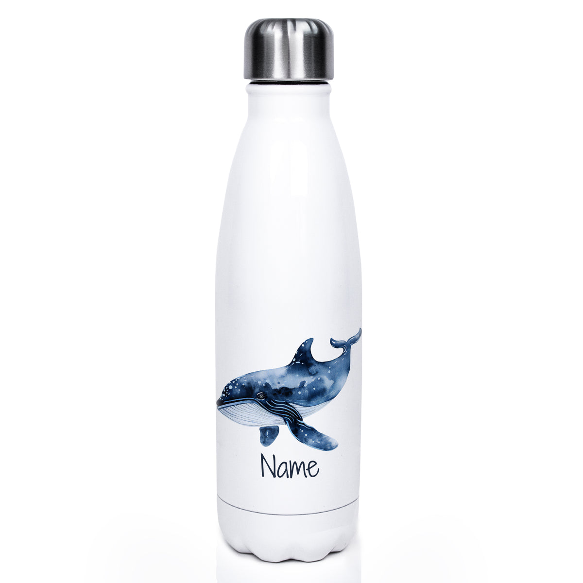 Weiße Edelstahl-Trinkflasche mit Wal-Motiv und personalisierbarem Namen.