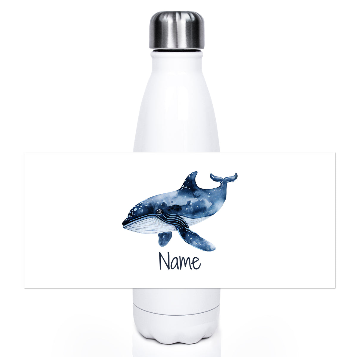 Weiße Wasserflasche mit blauer Wal-Illustration und Name.