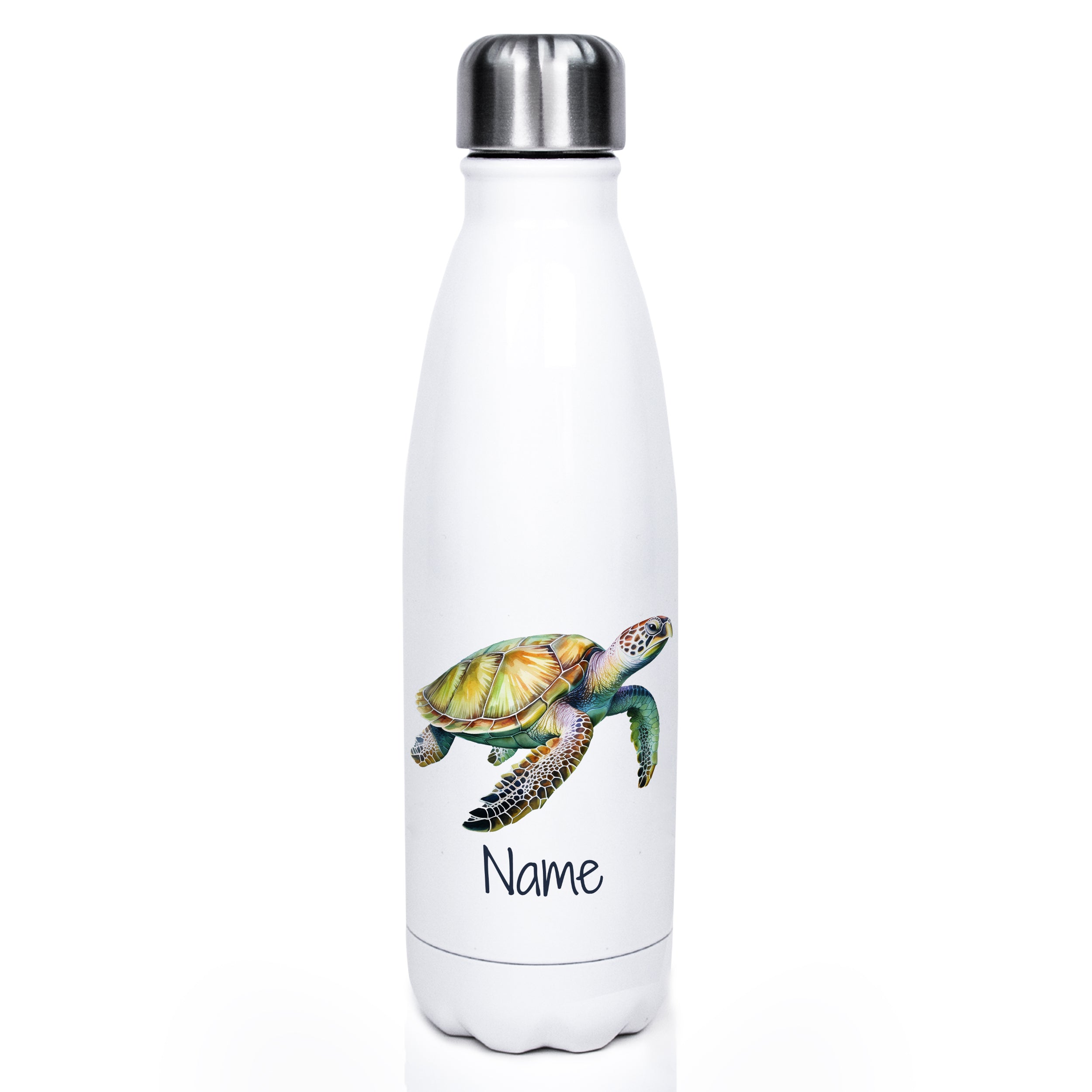 Weiße Edelstahl-Trinkflasche mit Schildkröte und personalisierbarem Namen.