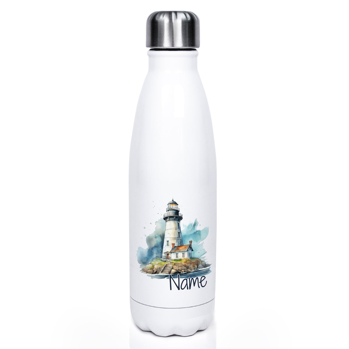 Weiße Edelstahl-Trinkflasche mit Leuchtturm-Motiv und personalisierbarem Namen.