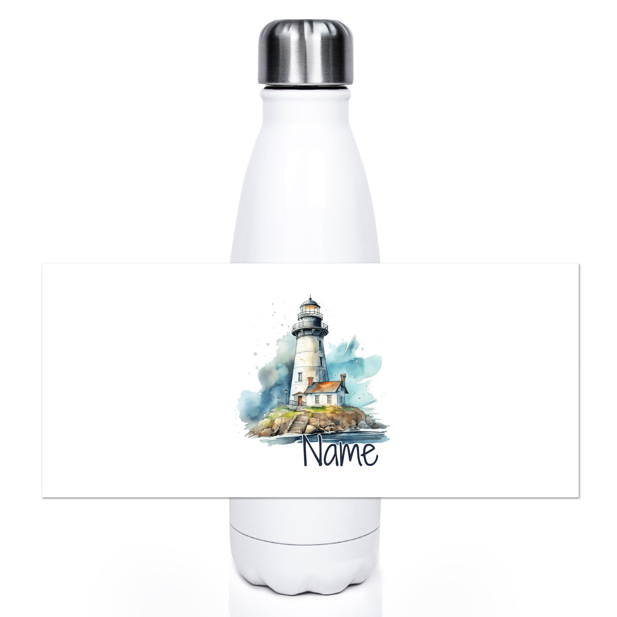 Weiße Edelstahl-Trinkflasche mit Leuchtturm-Illustration.
