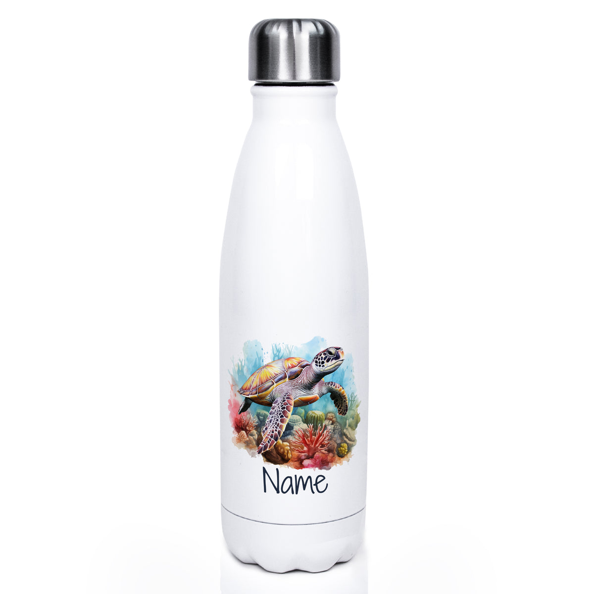 Weiße Edelstahl-Trinkflasche mit Schildkrötenmotiv und personalisierbarem Namen.