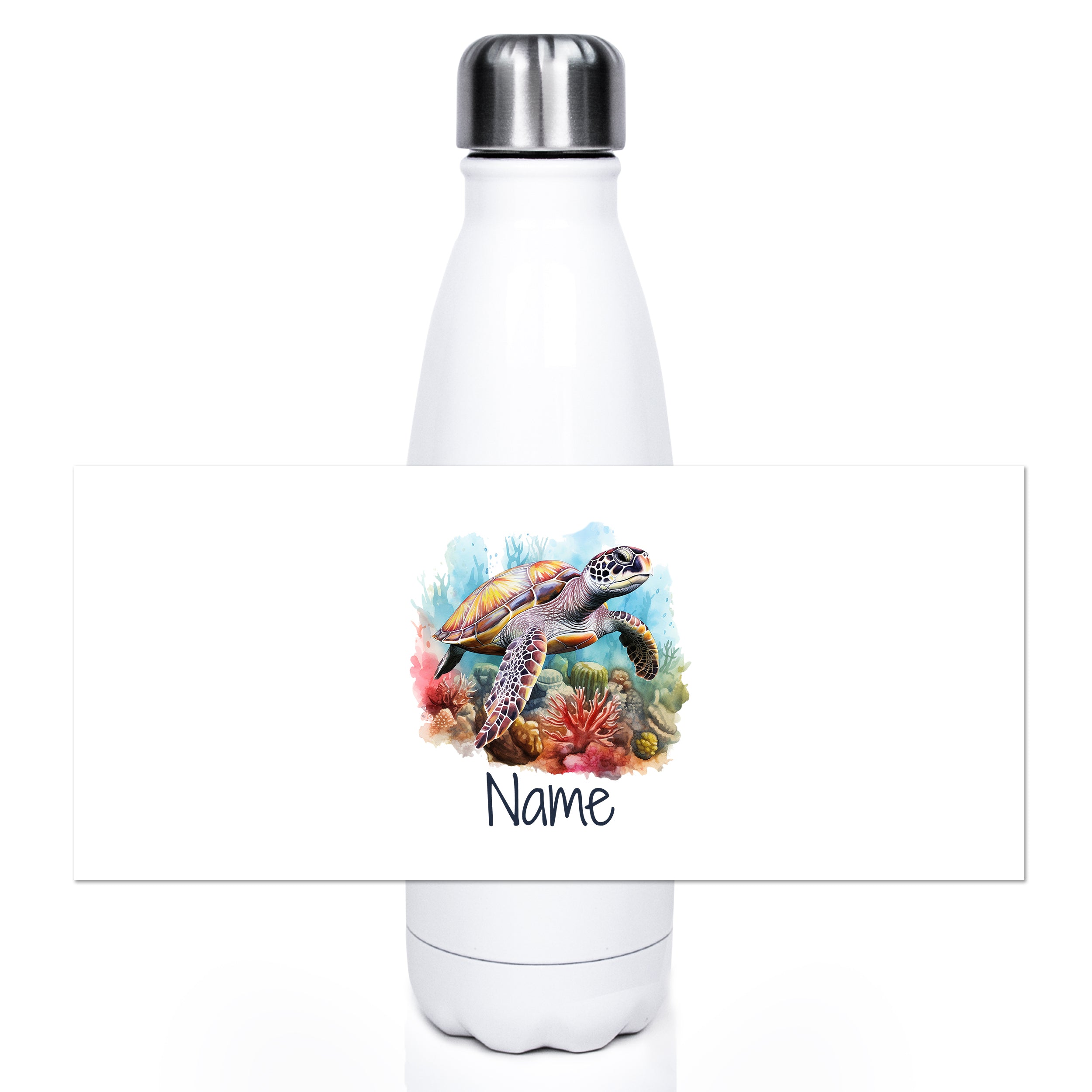 Weiße Trinkflasche mit Schildkröten-Design und personalisierbarem Namen.