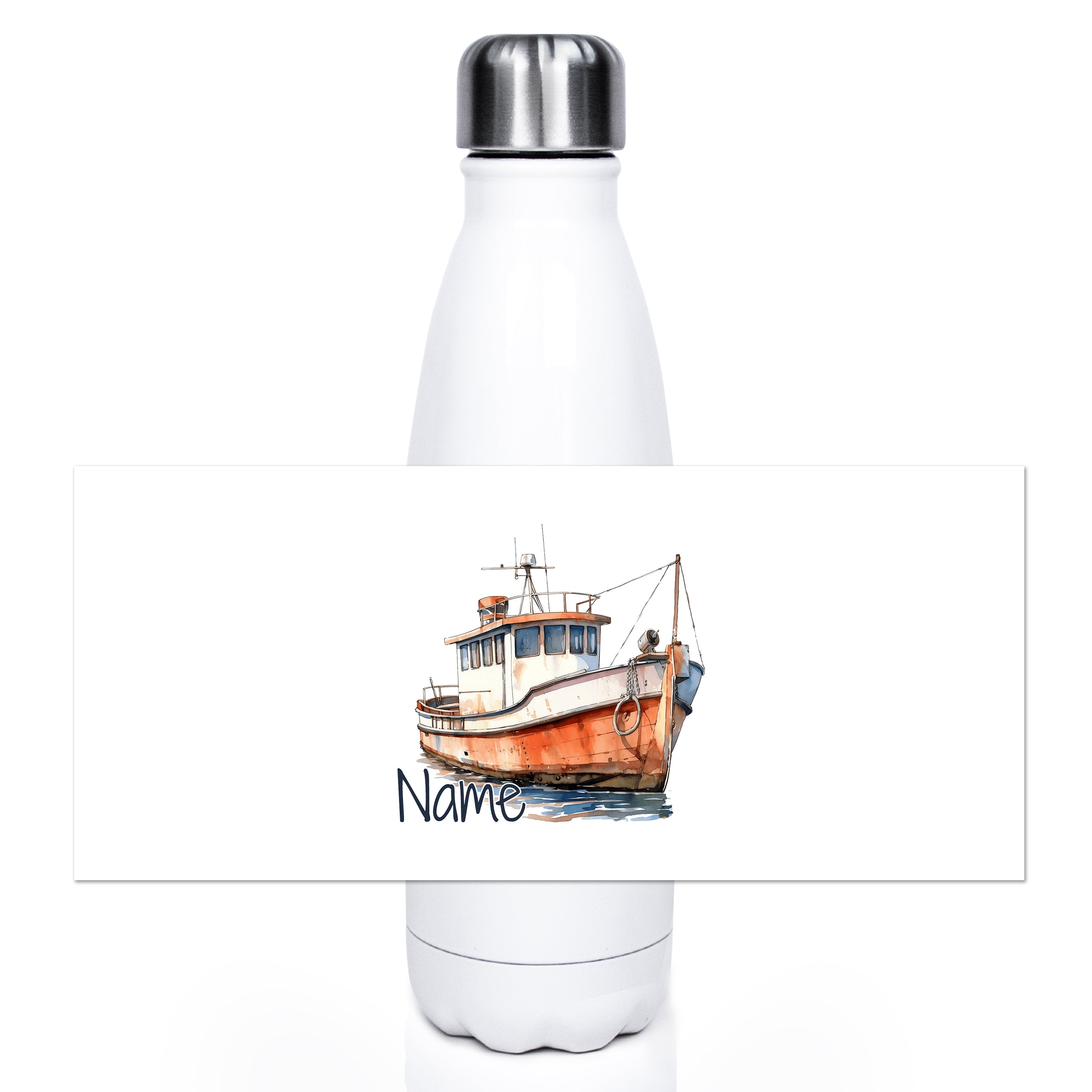 Weiße Edelstahl-Trinkflasche mit Boot-Illustration und Name.