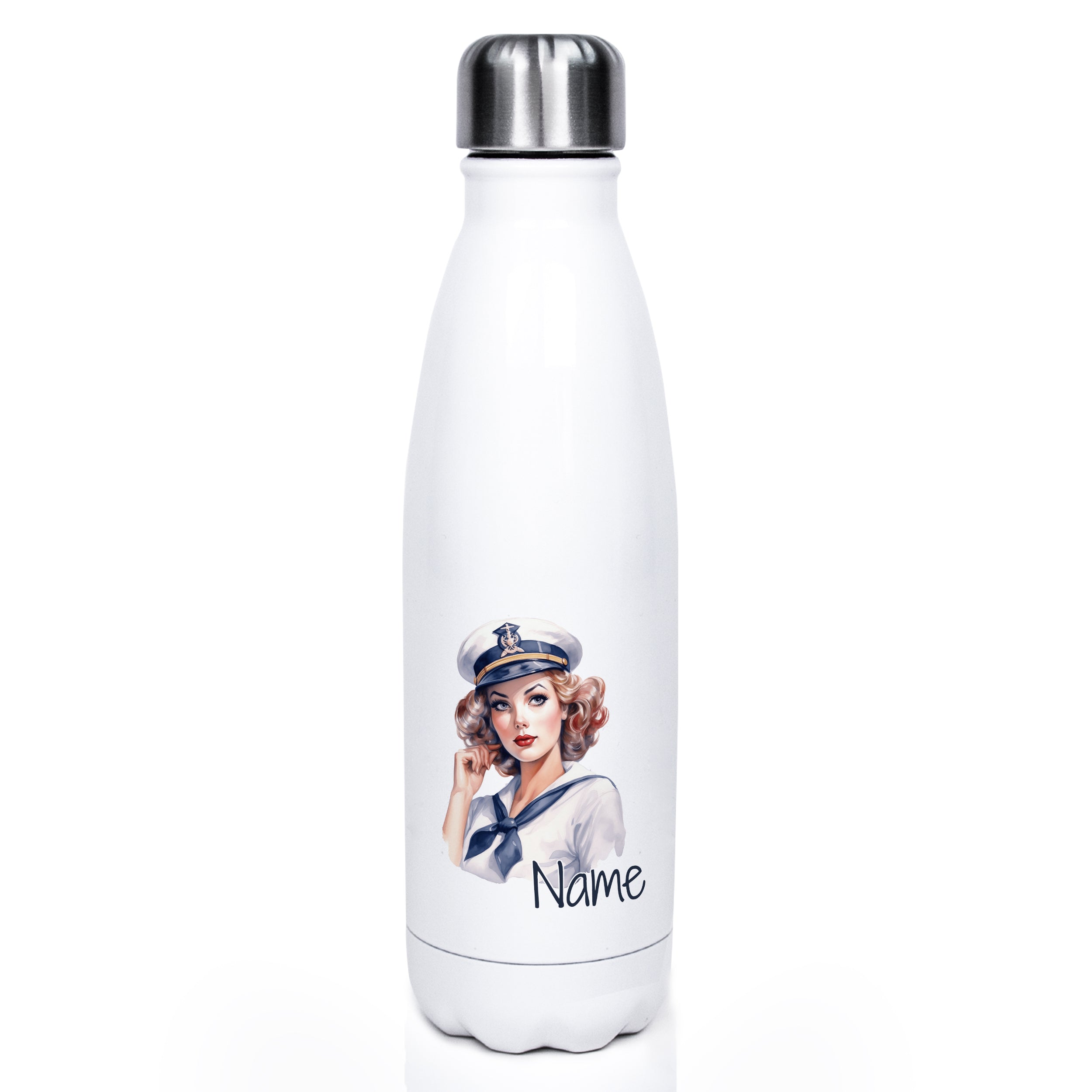Weiße Edelstahl-Trinkflasche mit maritimem Motiv und Name.