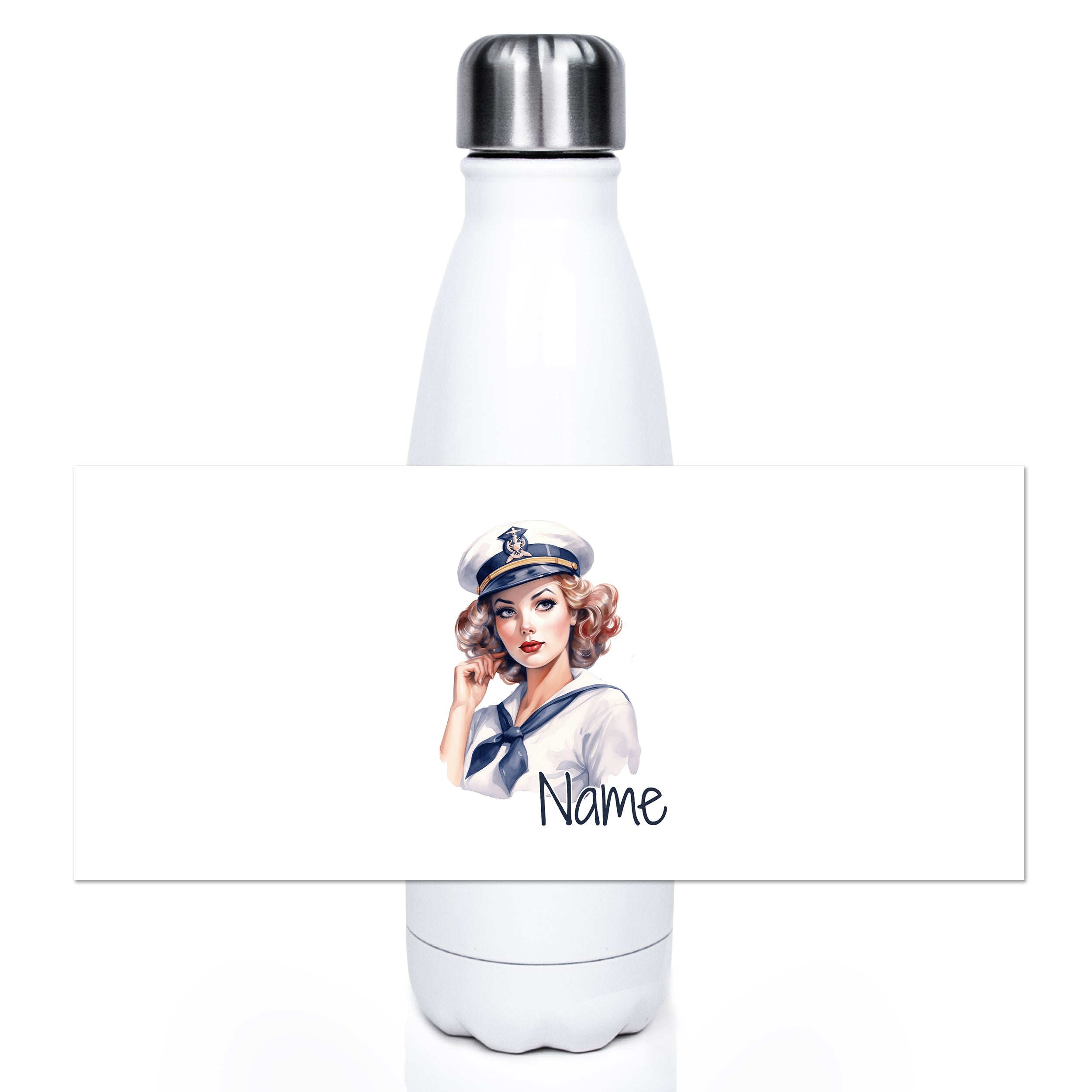 Weiße Trinkflasche mit maritimer Grafik und Name.