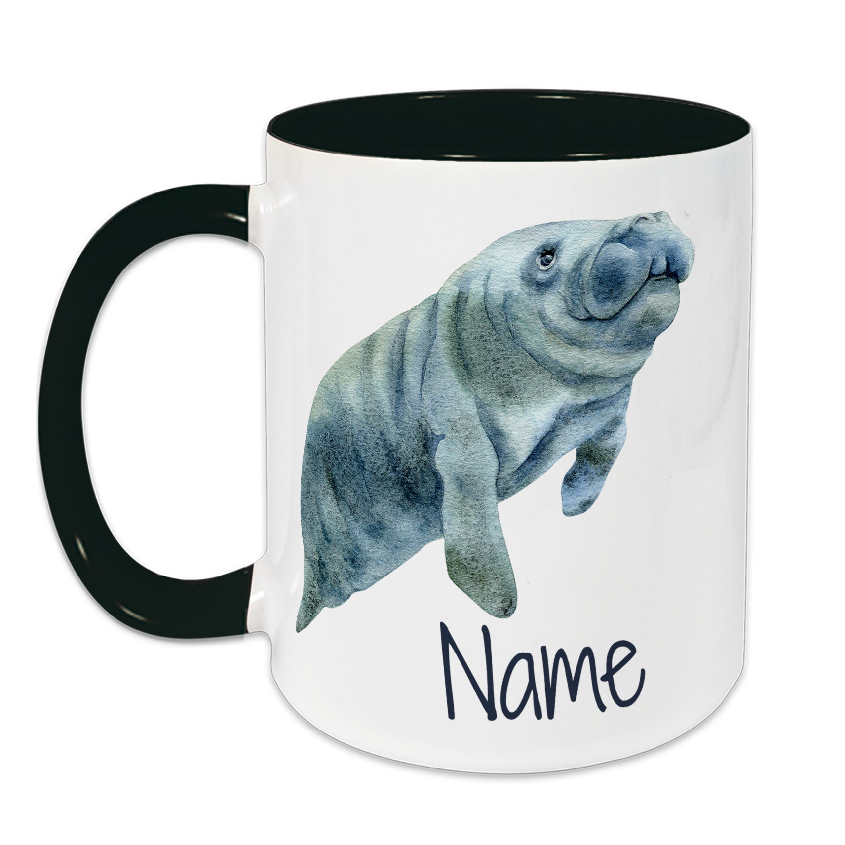 Tasse mit Manatee-Motiv und personalisierbarem Namen.