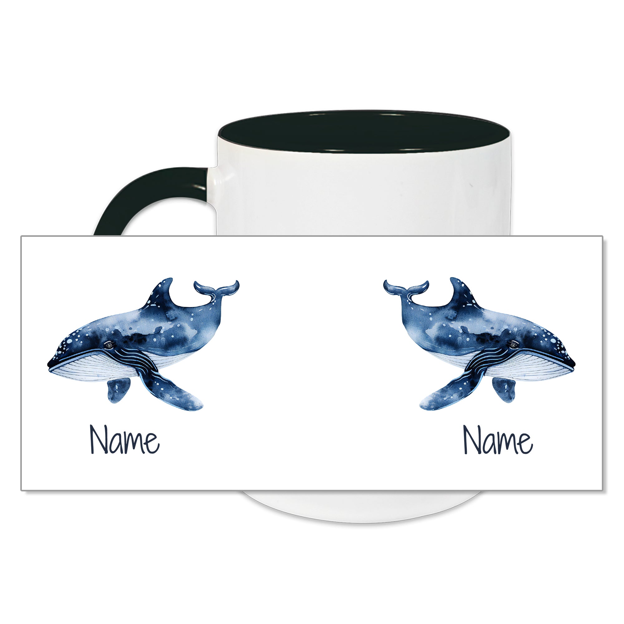 Tasse mit blauen Walen und Platz für Namen.