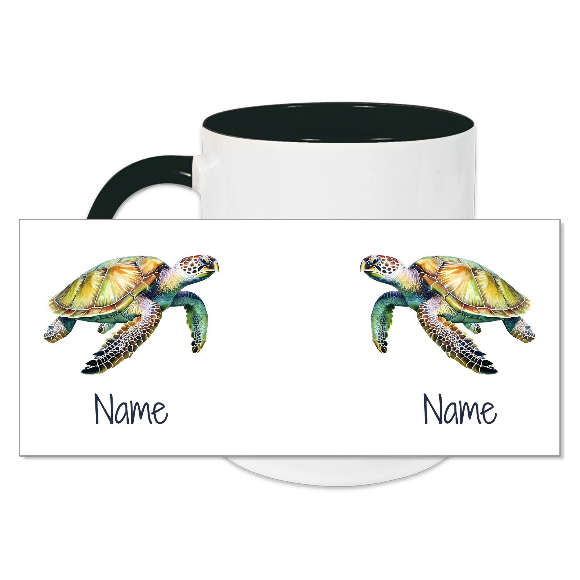 Tasse mit Meeresschildkröten-Design und Namen.
