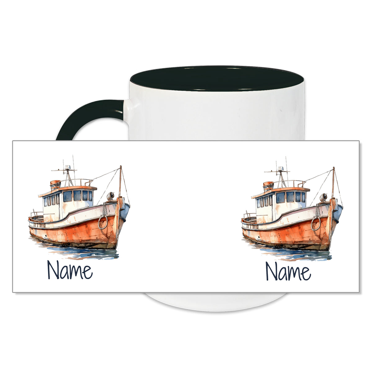 Tasse mit schwarzem Henkel, zwei Fischerboot-Motiven.