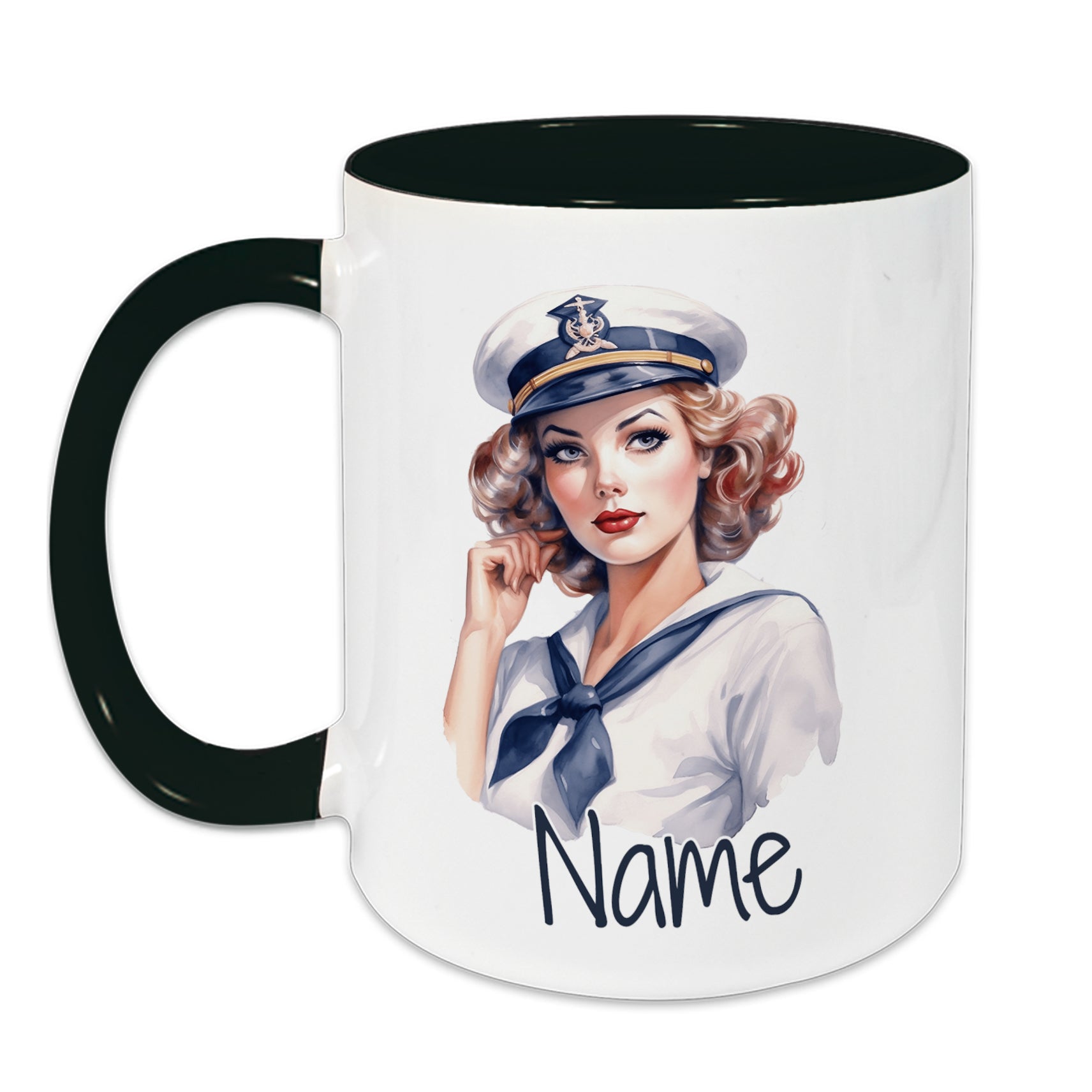 Tasse mit maritimer Dame und schwarzem Henkel.