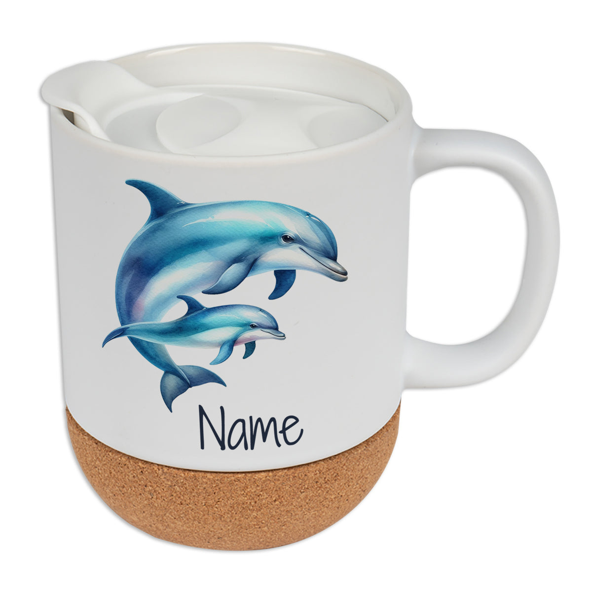 Weißer Becher mit Delfin-Motiv und Korkboden.