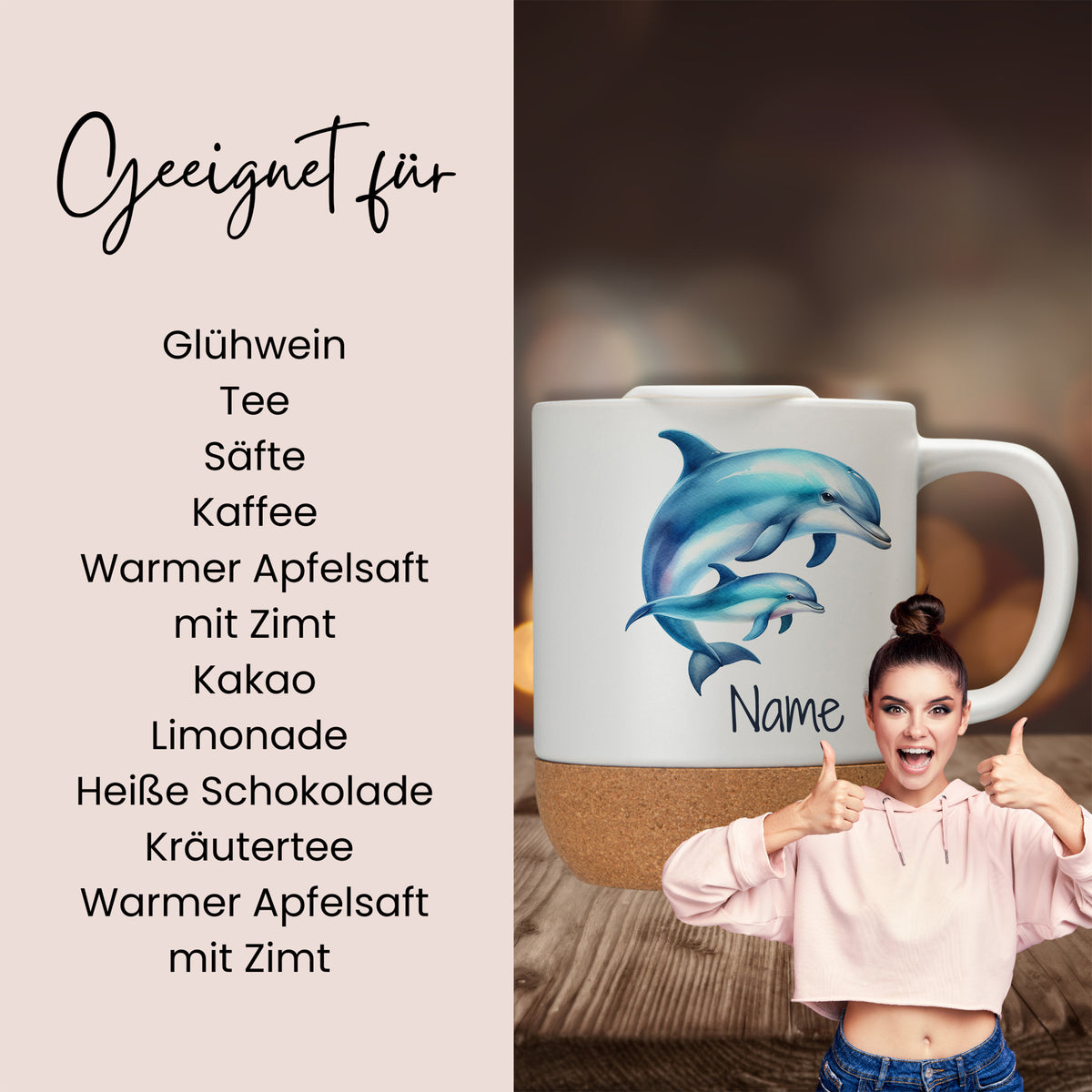 Tasse mit Delfin-Motiv, geeignet für verschiedene Getränke.