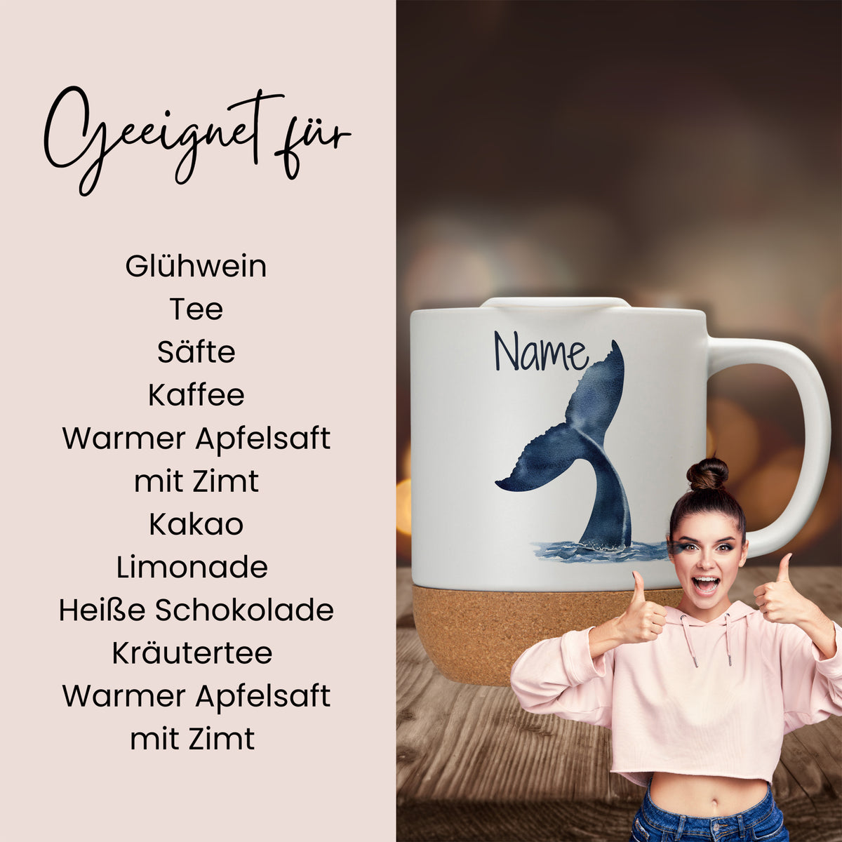 Tasse mit Wal-Motiv, beige, für verschiedene Getränke.