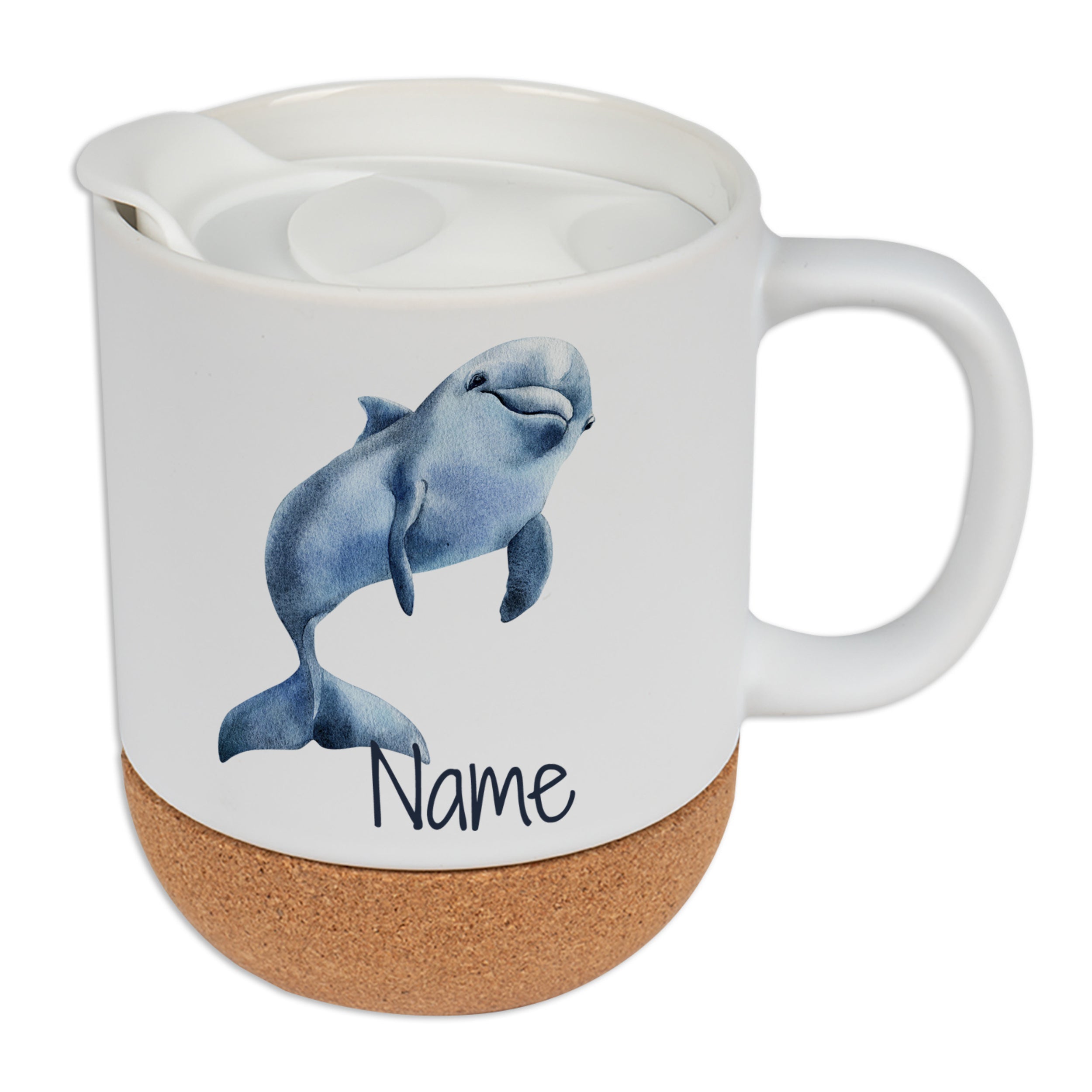 Kaffeetasse mit Wal-Motiv und Korkboden, personalisierbar.