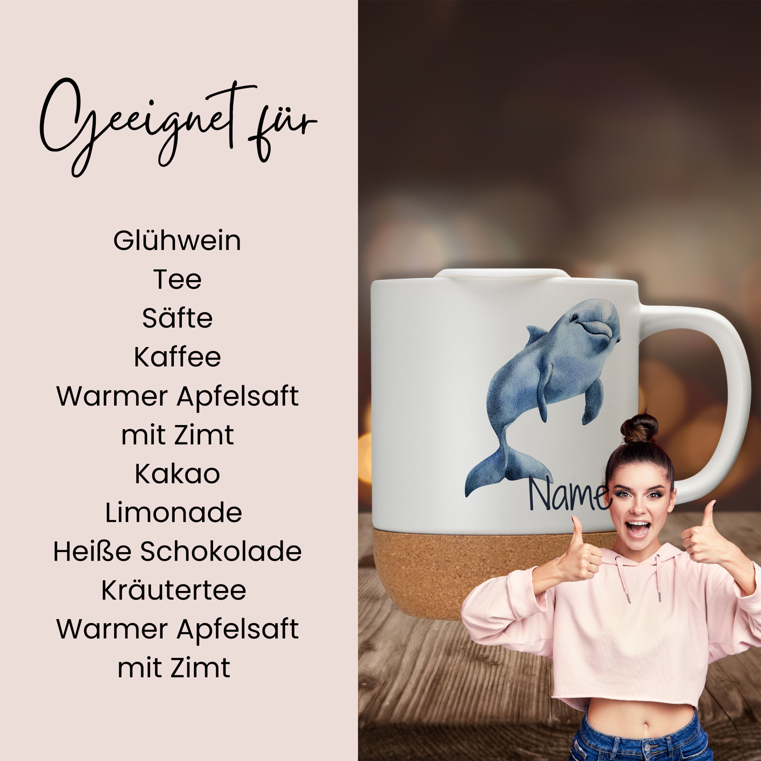Tasse mit Delphin-Motiv, beige, geeignet für verschiedene Getränke.