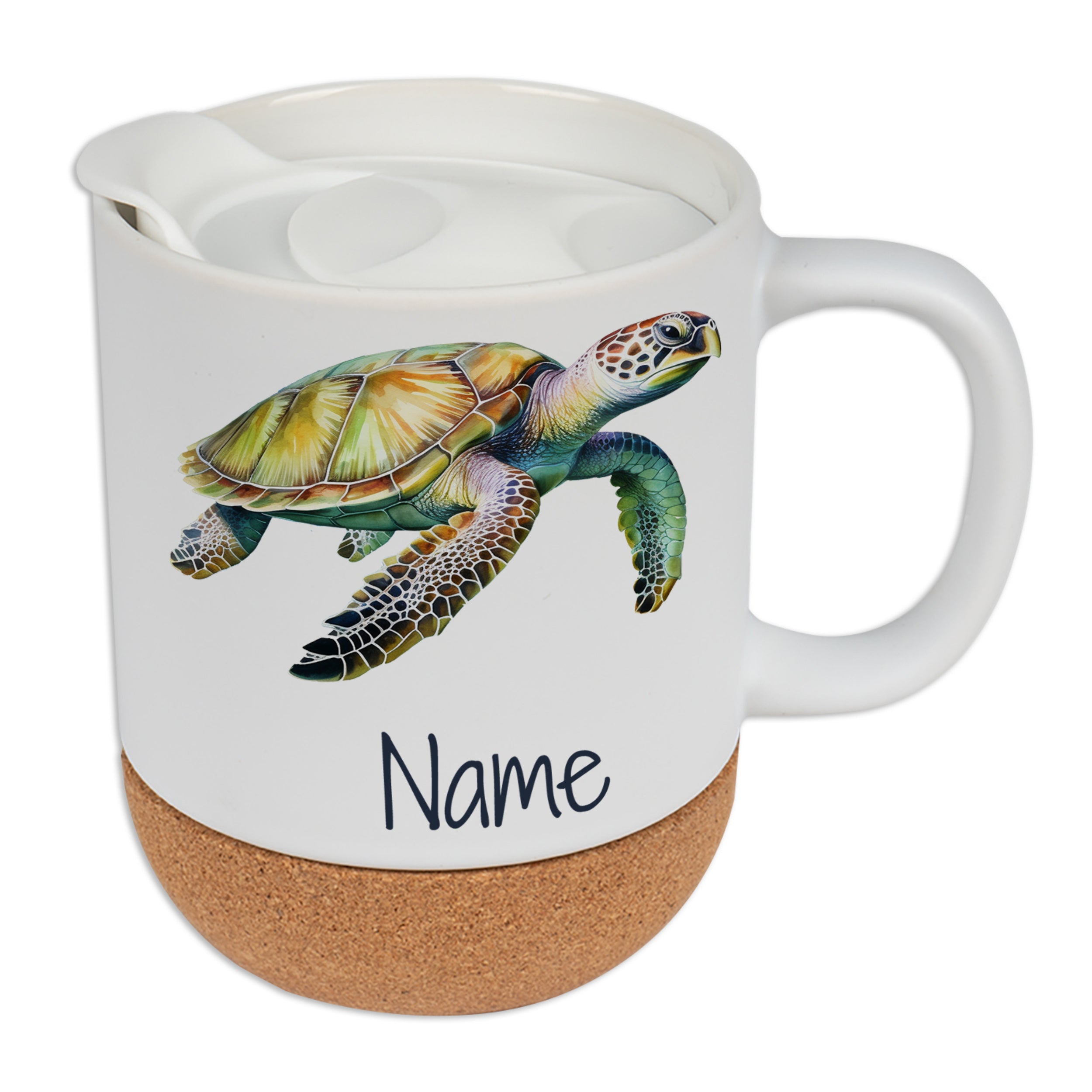 Tasse mit Schildkröte, weiß, Korkboden, personalisierbar.