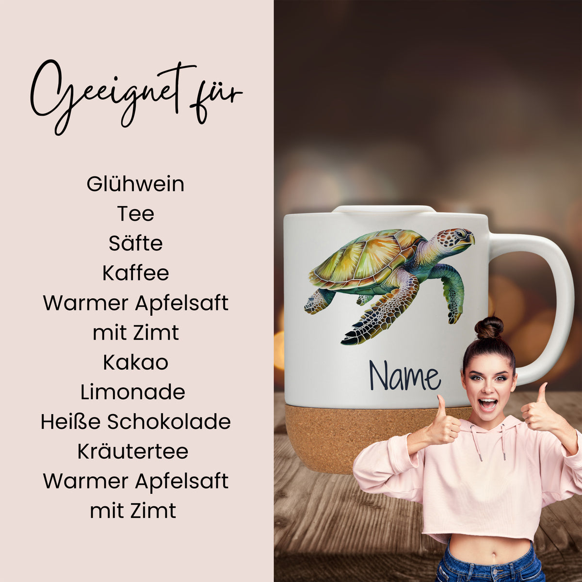 Tasse mit Schildkröte, beige, für verschiedene Getränke.