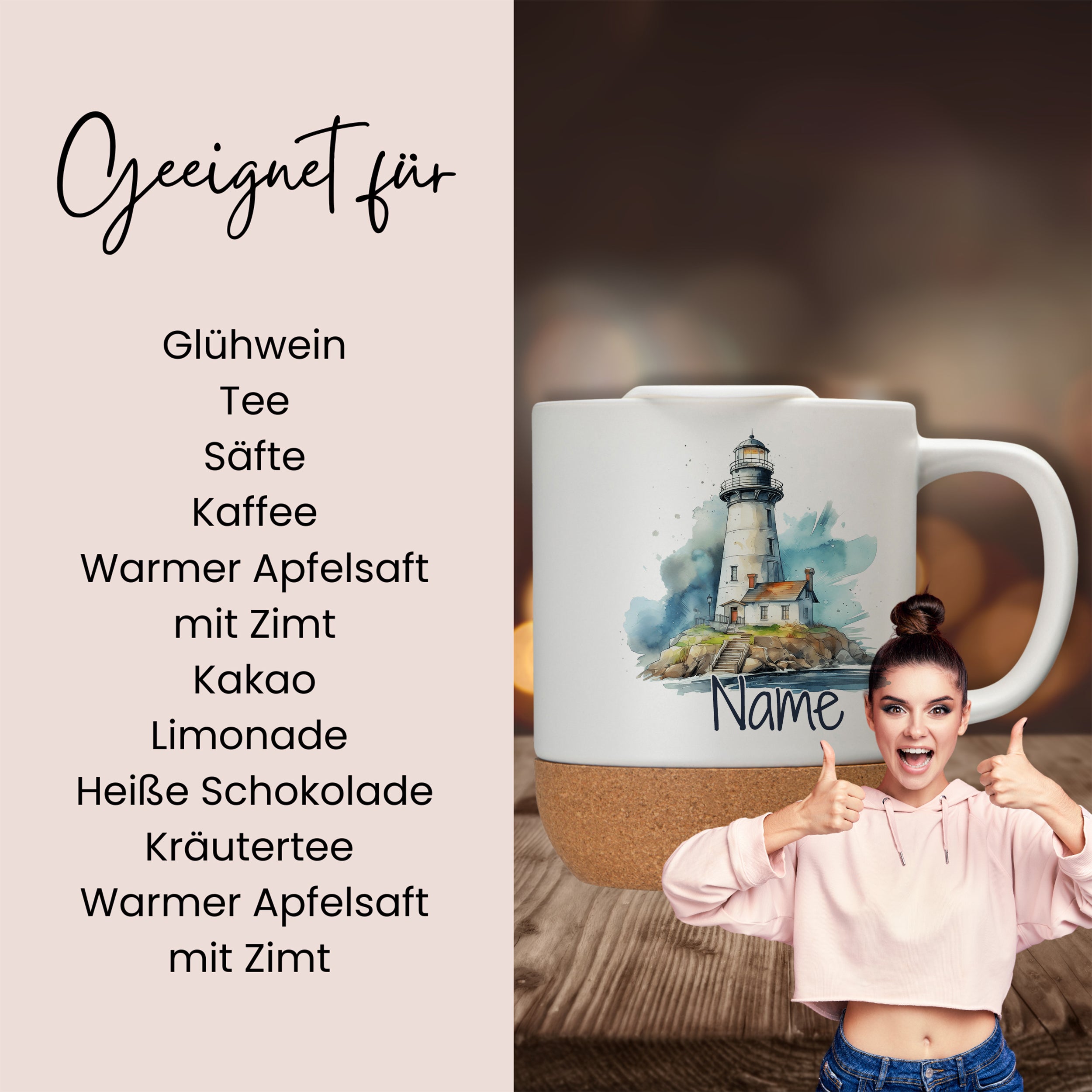 Kaffeetasse mit Leuchtturm-Motiv und personalisierbarem Namen